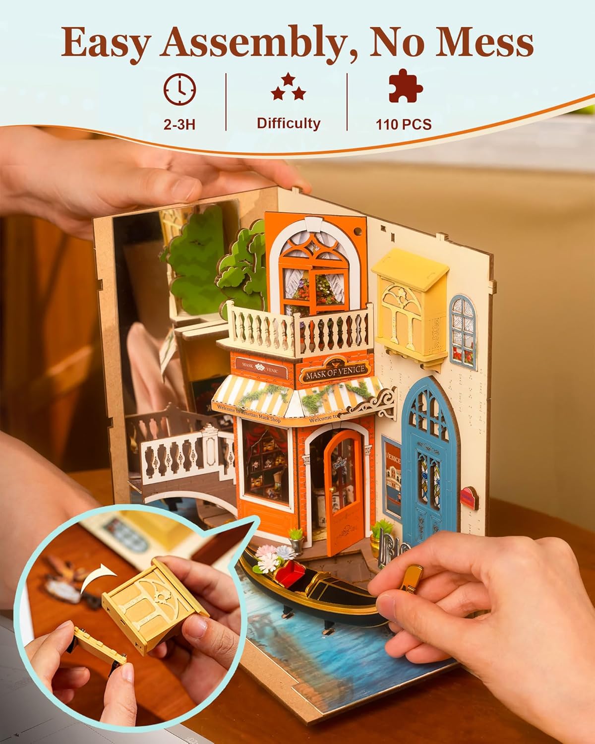 Easy assembly demonstration of the 3D wooden puzzle; snap-fit design requires no glue, 110 pieces, 2-3 hours build time.-uFunSpace