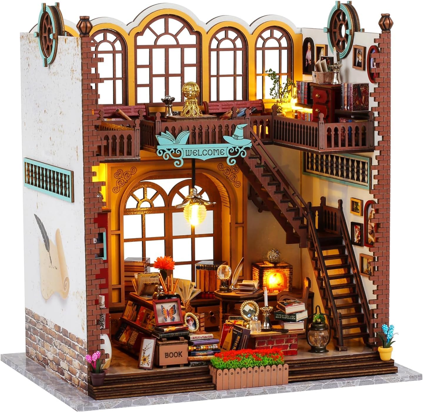 Front view of Magic Book Store DIY Book Nook kit fully assembled, featuring two stories, a winding staircase, and warm LED lighting-uFunSpace