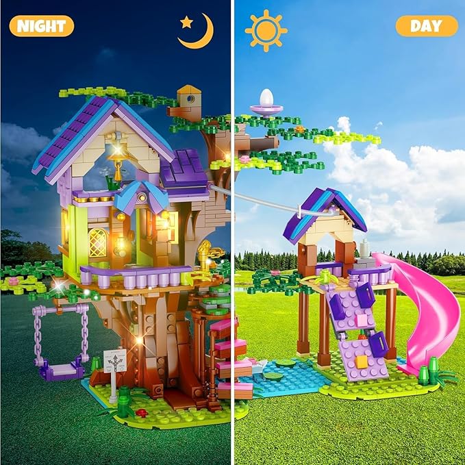 Tree House Building Toys for Kids, Girls Friendship Building Blocks with with LED Light, Creative Forest House Age 6 7 8 9 10 11 12+-uFunSpace