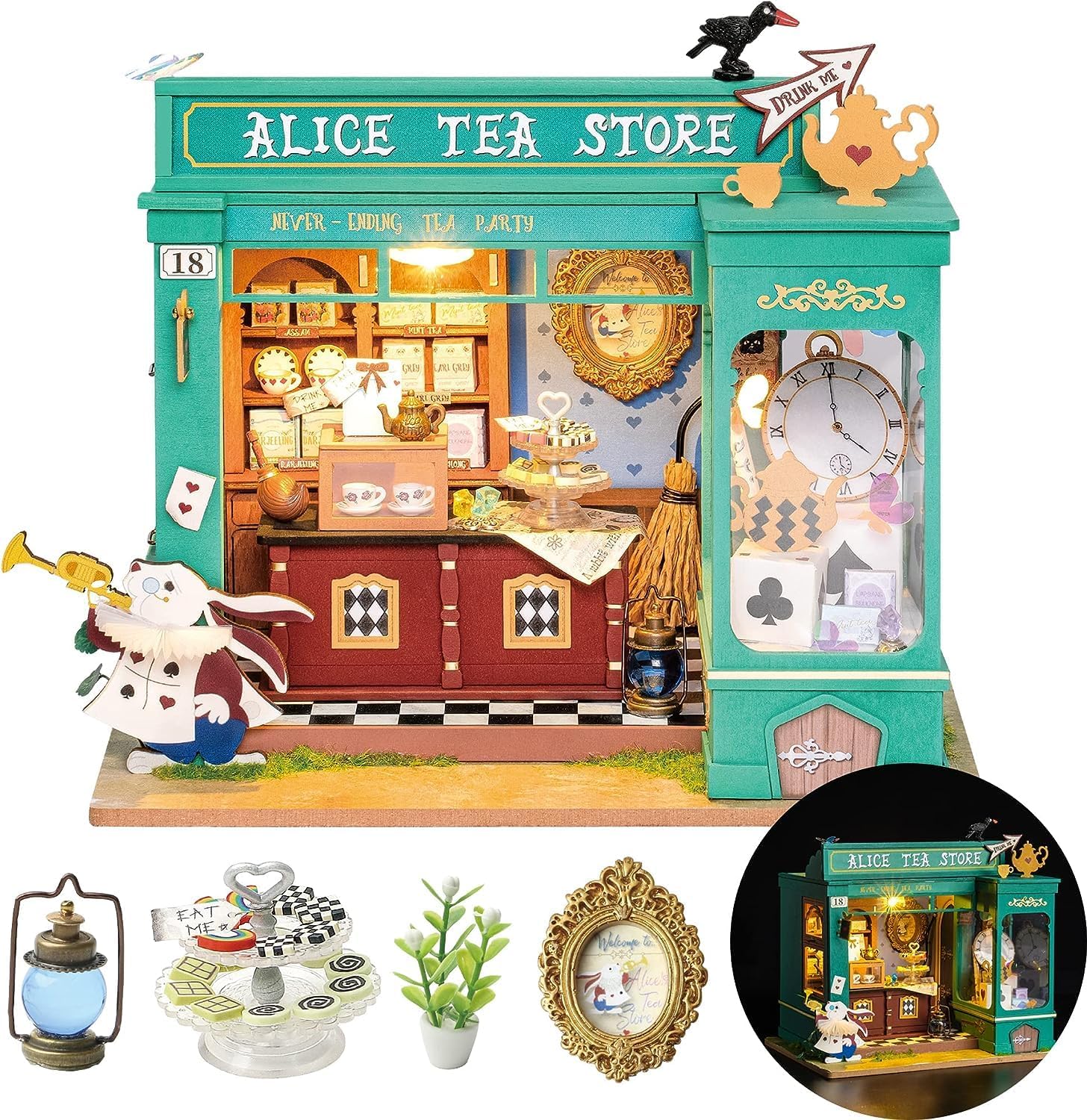 Unboxing Rolife Alice's Tea Store kit: packaging box, pre-cut wooden sheets, paper accessories, tools, and instruction manual included.-uFunSpace