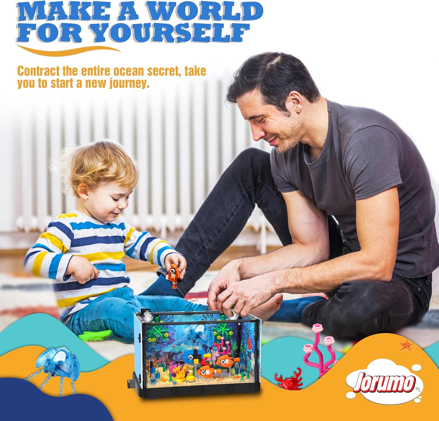 Fish Tank Building Block, Lighting Aquarium Building Sets for Adults and Kids Including Ocean Jellyfish, Dolphin, Turtle, Crab, Animal Building Toys for Boys Age 8-12, 725pcs-uFunSpace