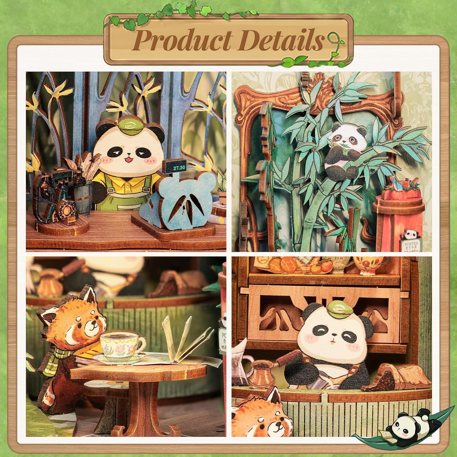 Close-up details of Panda Bookshop interior featuring miniature bamboo furniture, books, and panda figures-uFunSpace