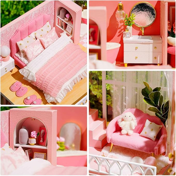DIY Miniature Dollhouse Kit, 1:24 Scale Mini Handmade Wooden Doll House with Music, Great Handmade Crafts Gift for Birthday Mother's Day Kids Teens Adults Assemble the Villa Model Gift-uFunSpace