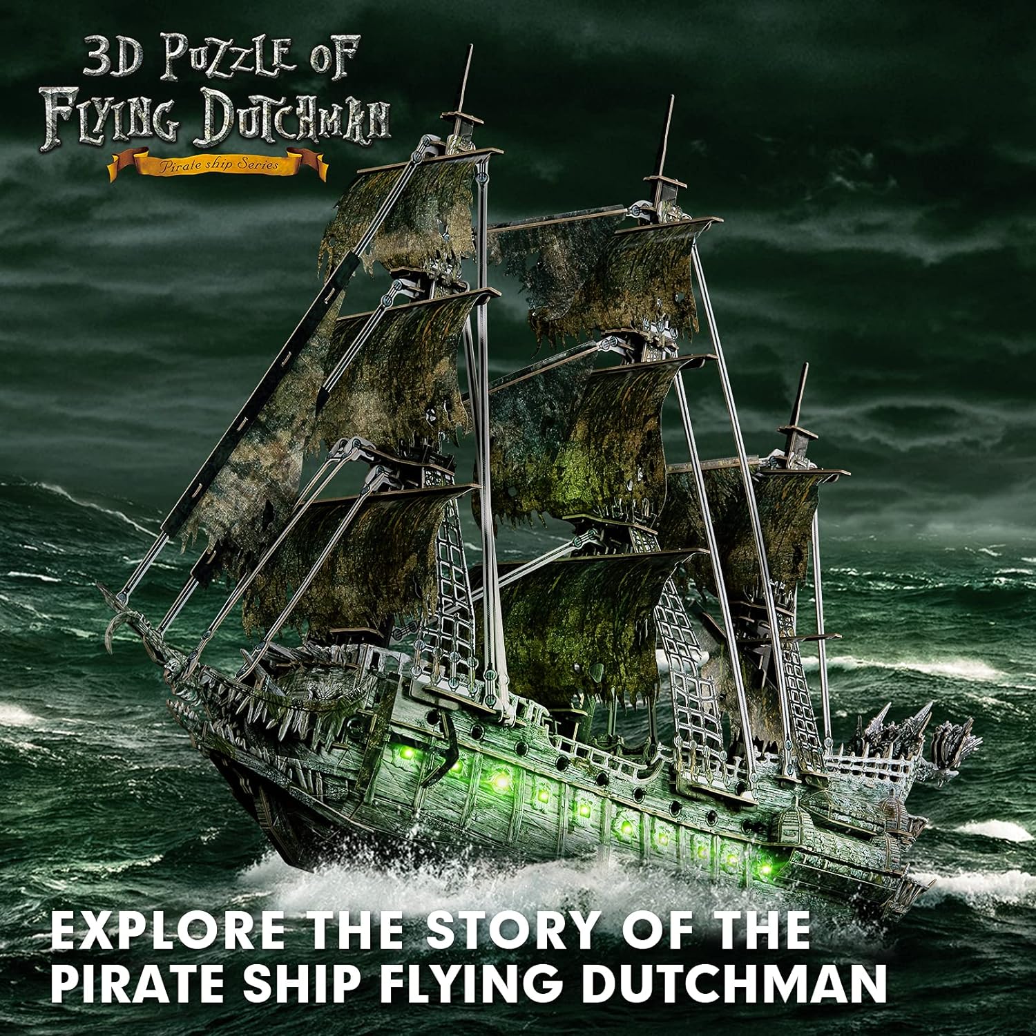 3D Puzzles for Adults Green LED Flying Dutchman, 360 Pieces Haunted Pirate Ship Arts & Crafts for Adults Gifts for Men Women Model Kit, Lighting Ghost Ship 2024 Easter Gifts Christmas Gift-uFunSpace