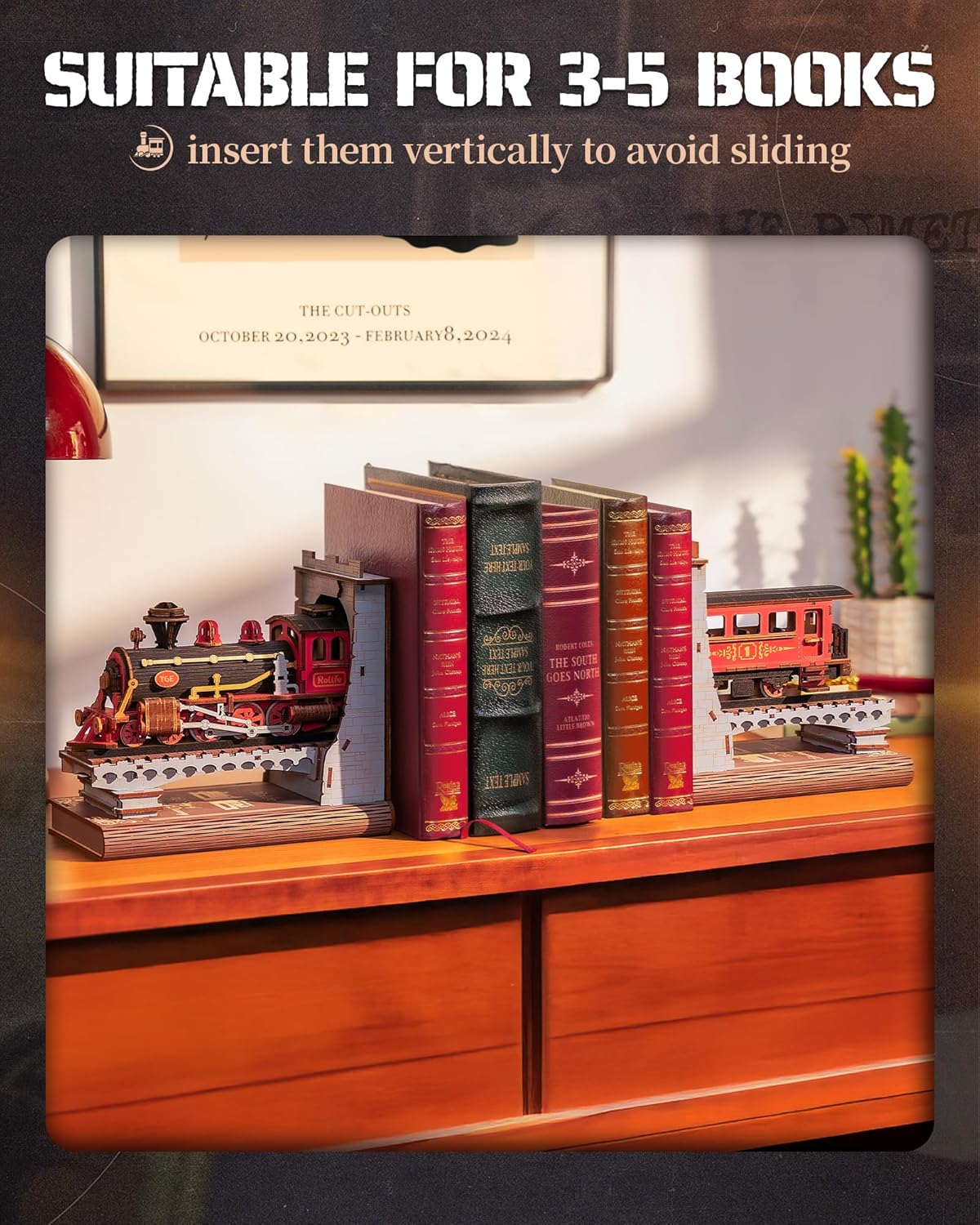 DIY steam train bookend displayed on a desk as vintage industrial home decor.