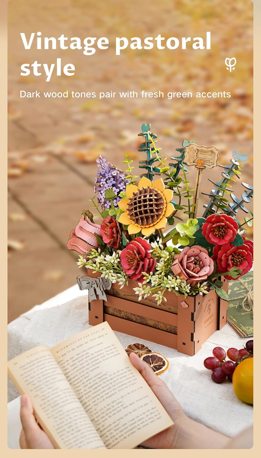 Artifical Flowers,Wooden Flower Bloom Box Building Toy Set,DIY 3D Wooden Puzzles for Adults,Botanical Collection Craft Kit as Thanksgiving Decoration Christmas Birthday Valentine Gift-uFunSpace