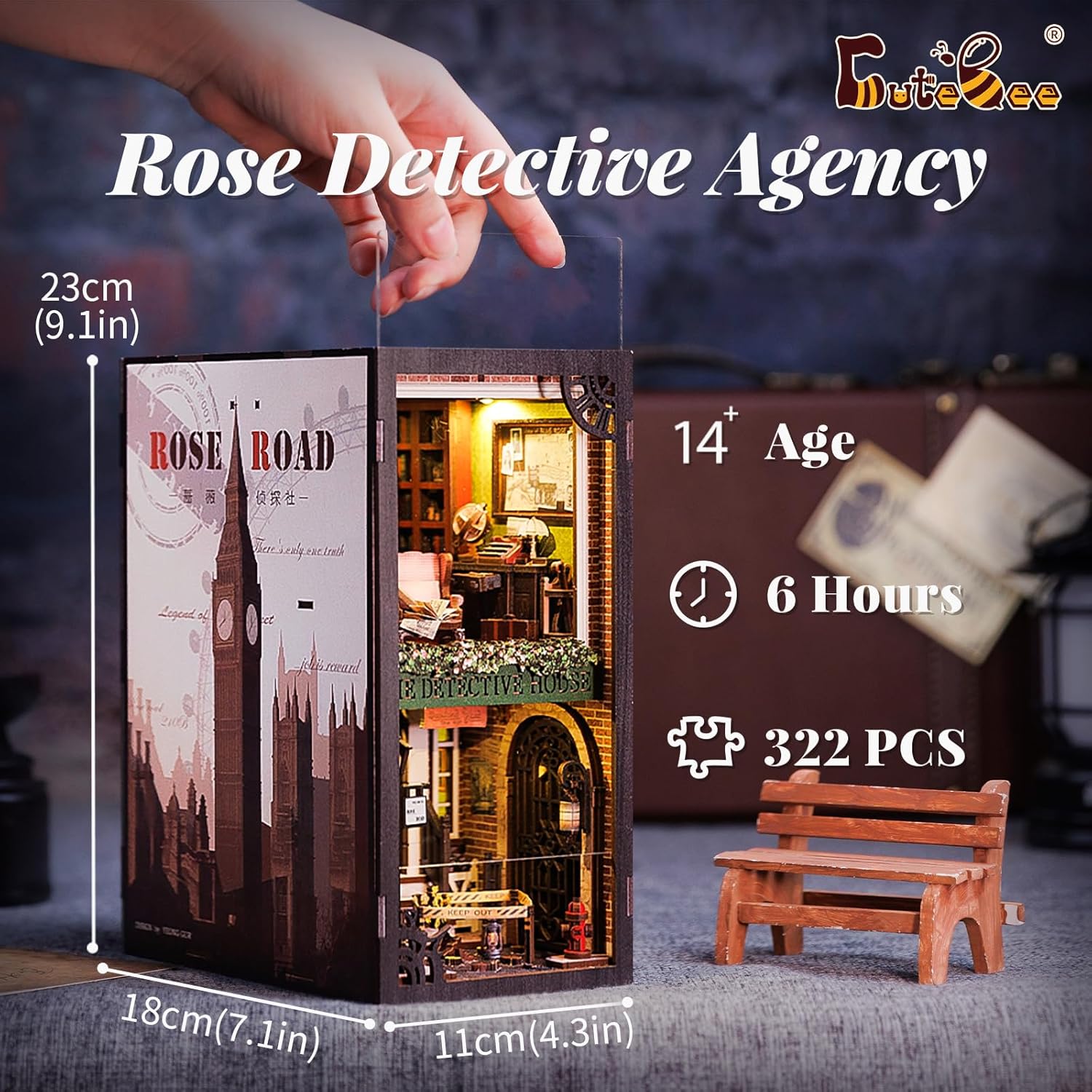 DIY Book Nook Kit DIY Wooden Miniature House Dollhouse Kit Bookshelf Insert Decor Booknook Bookcase Model Build Creativity Gift Kit Decor Alley with LED Light (Rose Detective Agency)-uFunSpace