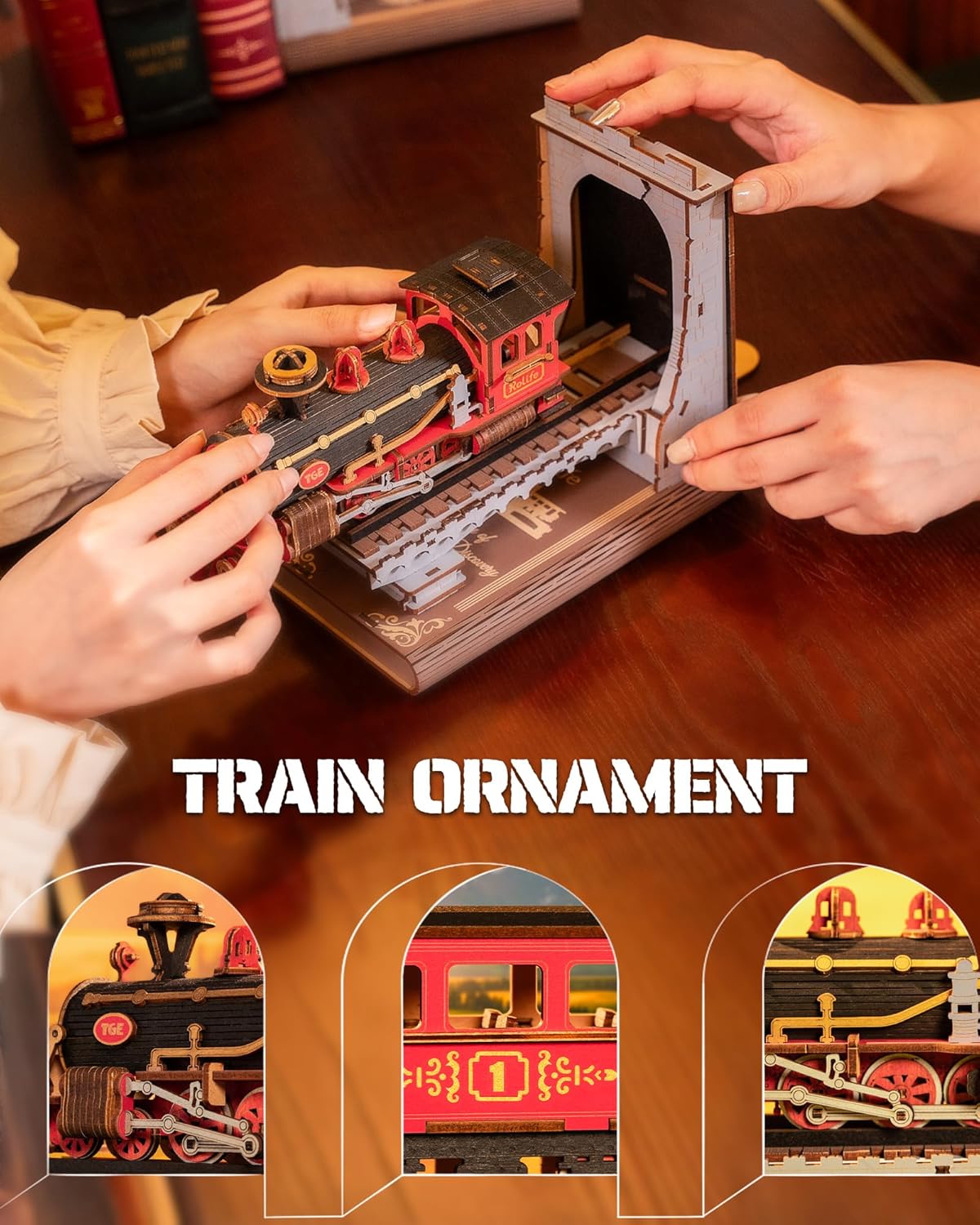 Detailed view of the laser-cut wooden gears and connecting rods on the train wheels.