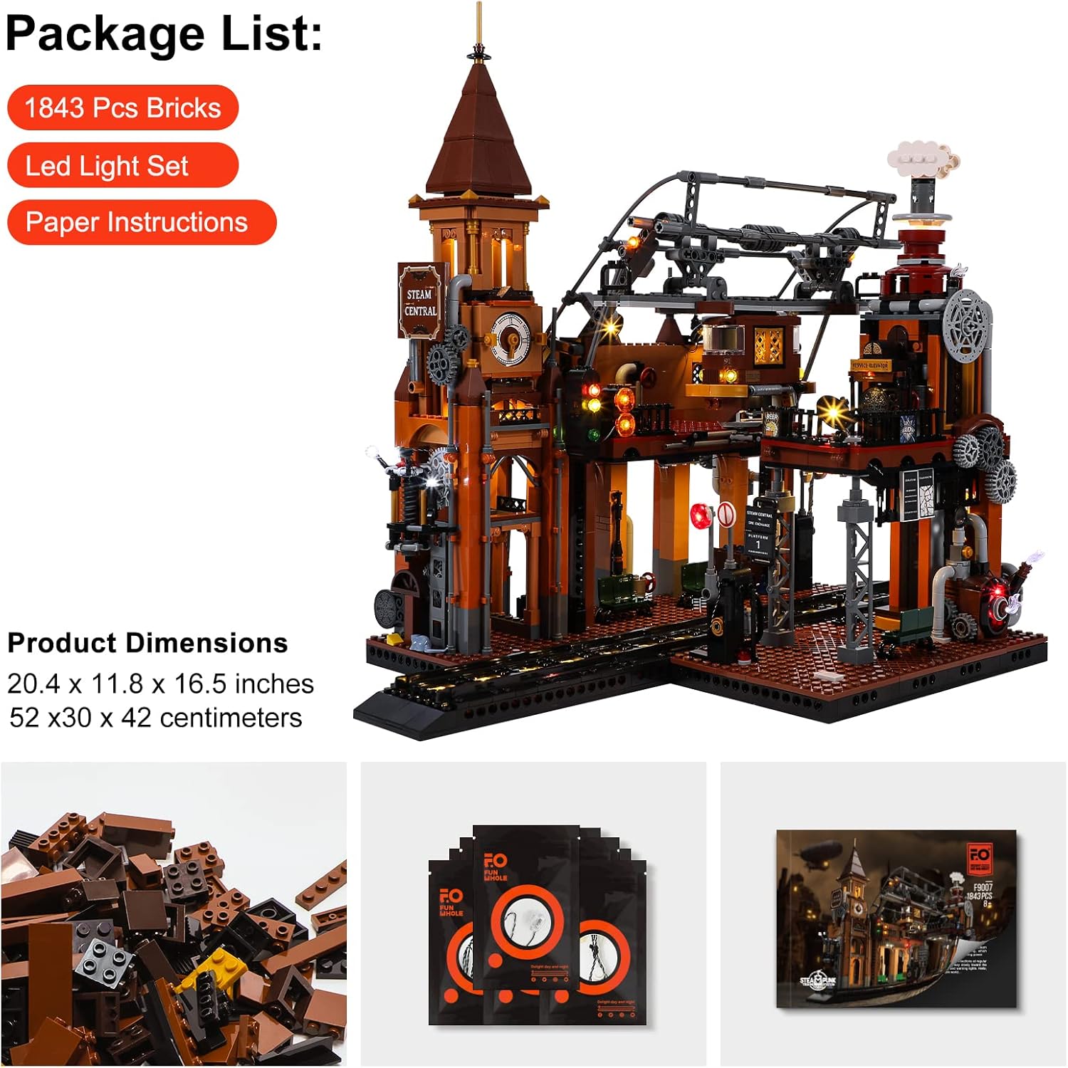 Train-Station Lighting Building Bricks Set - Steampunk LED Light Building Set 1843 Pieces for Adults and Teens-uFunSpace