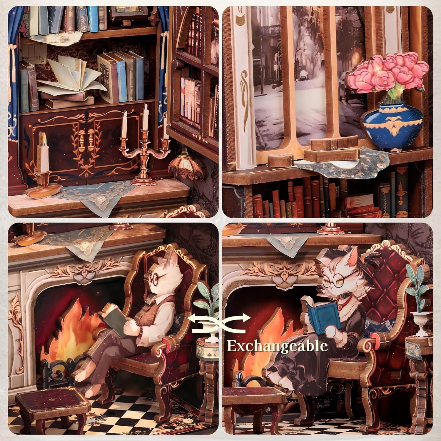 Book Nook Kit, DIY Miniature House Kit Puzzle Booknook Mini for Adult Bookshelf Alley Decor for Women Teens Craft Lovers(Count Cat's Study)-uFunSpace