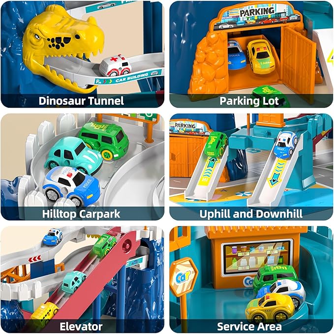 Boys Dinosaur Race Track Playset - Dinosaur Rolling Hill car Track for Kids, Car Ramp Track Toys for 3 4 5 6 7 Year Old Boys, Kids Toys Mountain Track, Small Car for Kids-uFunSpace