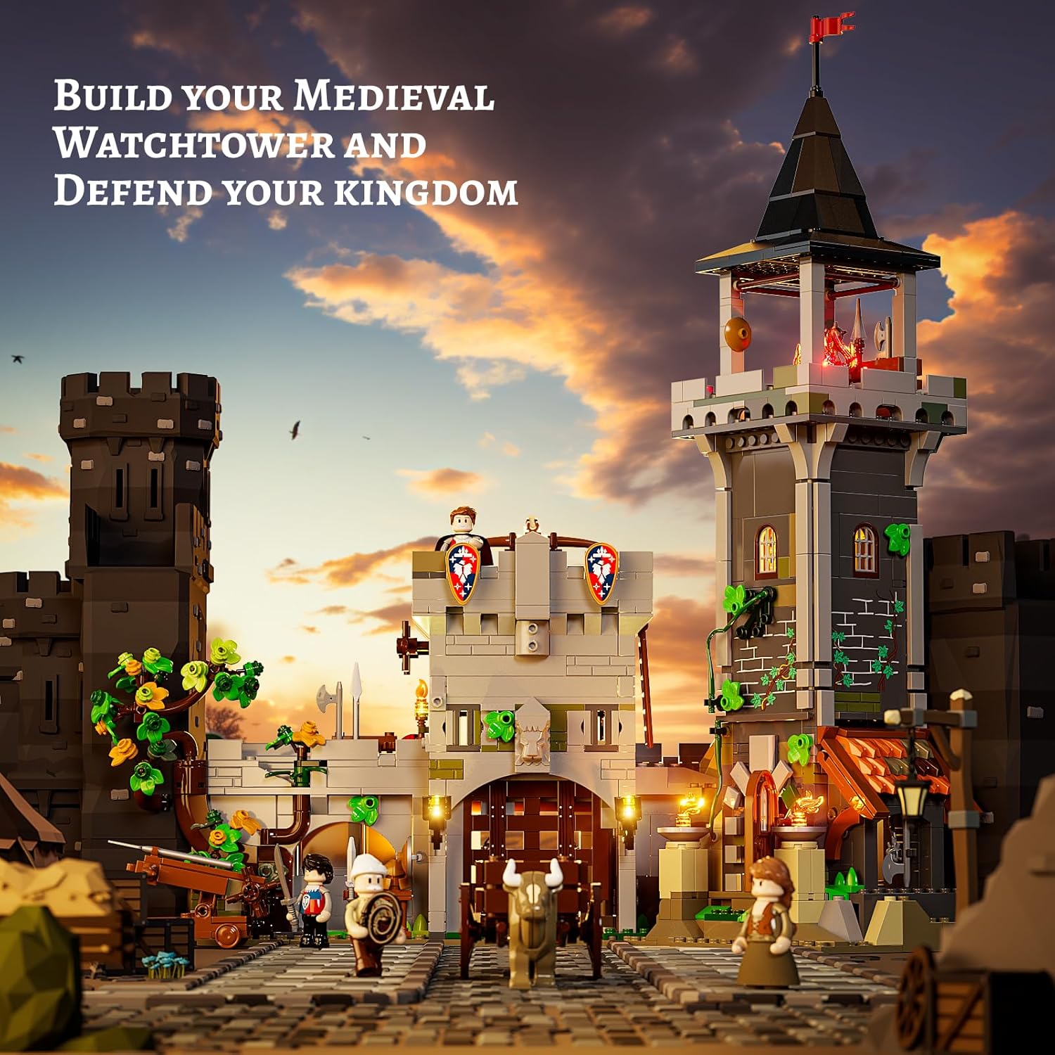 Medieval Watchtower Lighting Building-Bricks Set - Guardiance Castle with Soldier Farmer Minifigures Collectible Display Set 1625 Pcs for Adults and Teen-uFunSpace