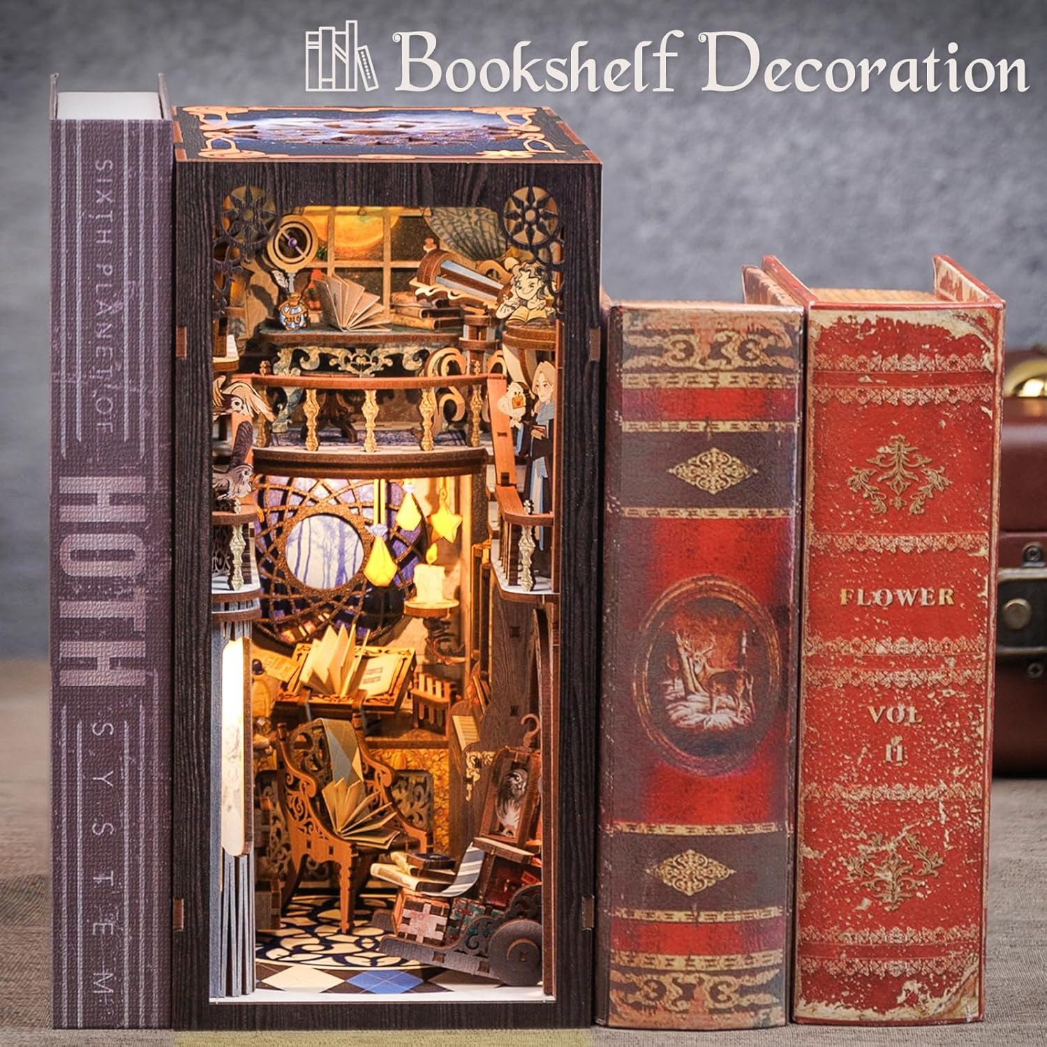 Book Nook Kit, DIY Dollhouse Miniature House Booknook for Adults and Teens, Bookshelf Insert Decor, Bookends Model Build-Creativity Gift Kit for Friends and Family (Nebula Common Room)-uFunSpace