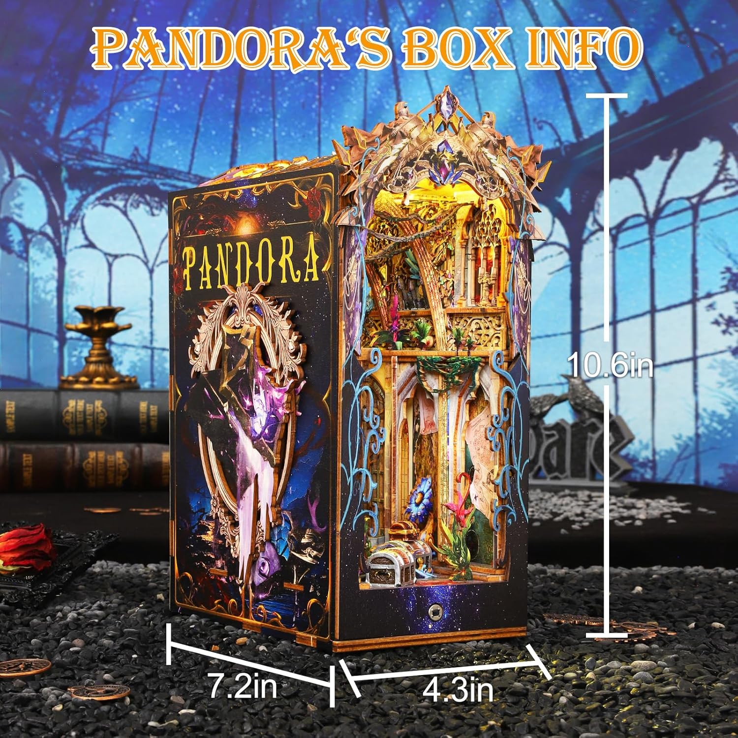 DIY Book Nook Kit with Music Box, 3D Wooden Puzzle with LED Light, DIY Dollhouse Booknook Bookshelf Insert Decor for Teens and Adults (Pandora's Box)-uFunSpace