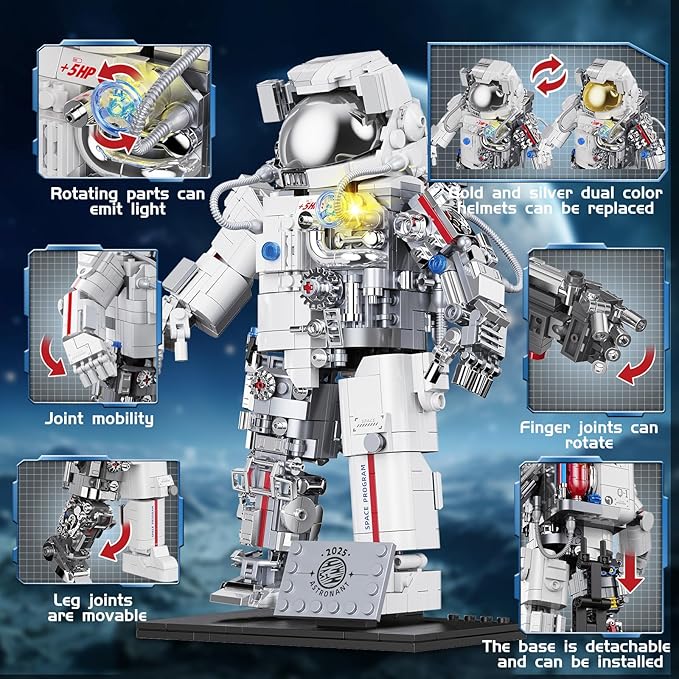 Space Astronaut Building Set Compatible with Lego Space Model with LED Light fors Adults Gifts for Boys 6+, 907 PCS Cool Collectible Gift Toys for Adults-uFunSpace