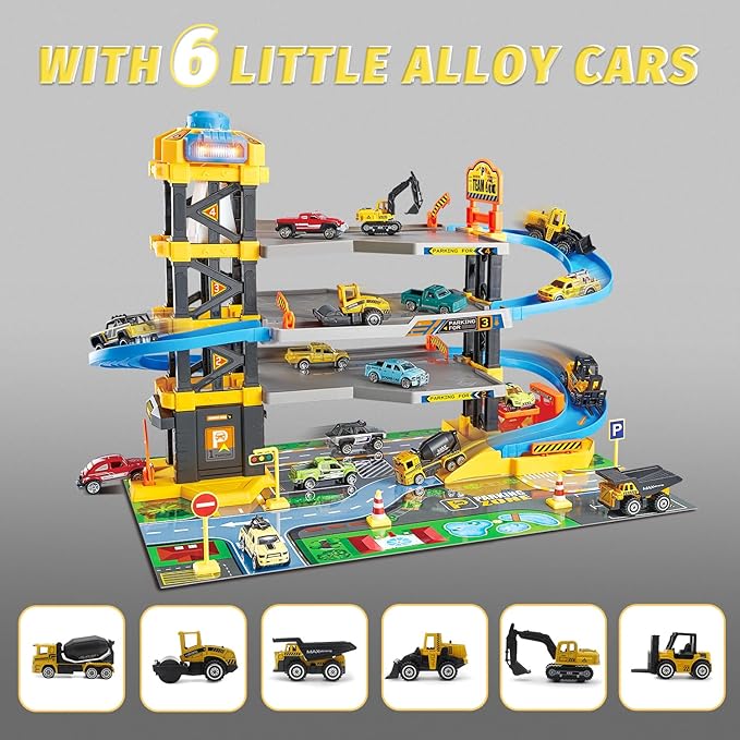 Parking Garage Toy Playset, Race Car Ramp Track Toys Sets Garage Playset with 6 Little Alloy Construction Cars Adventure Track-uFunSpace