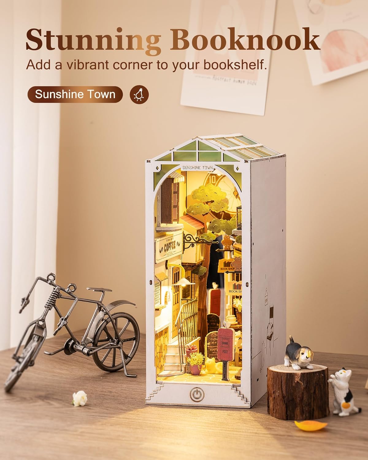 DIY Book Nook Kit 3D Wooden Puzzle for Adults 9.5" Bookshelf Indert Decor with LED Miniature Dollhouse Kit Bookend Crafts Diorama Hobbies Gifts for Boys Girls (Sunshine Town)-uFunSpace