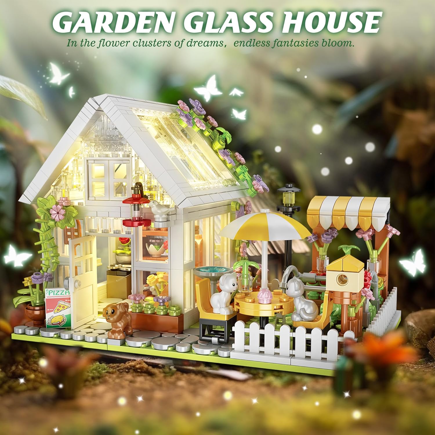 Flower House Building Block for Adults, Garden Architecture Building Toy with LED, Greenhouse Model Building Set, Garden Glass House Building Kit, Christmas & Ideal Gift for Kids 12+ (1188pcs)-uFunSpace