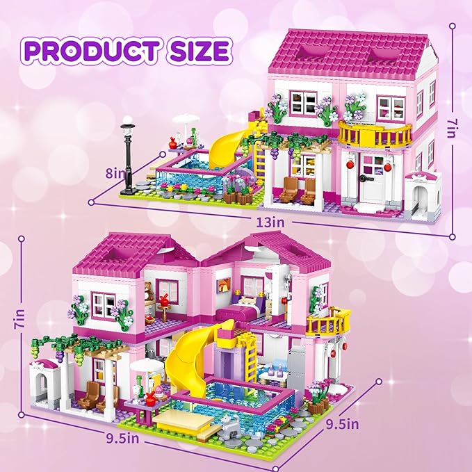 Pink Girls Summer Villa Friends Building Set Compatible with Lego Friends Construction Educational Toy for Kids Age 8-12 and Up 1018 PCS-uFunSpace