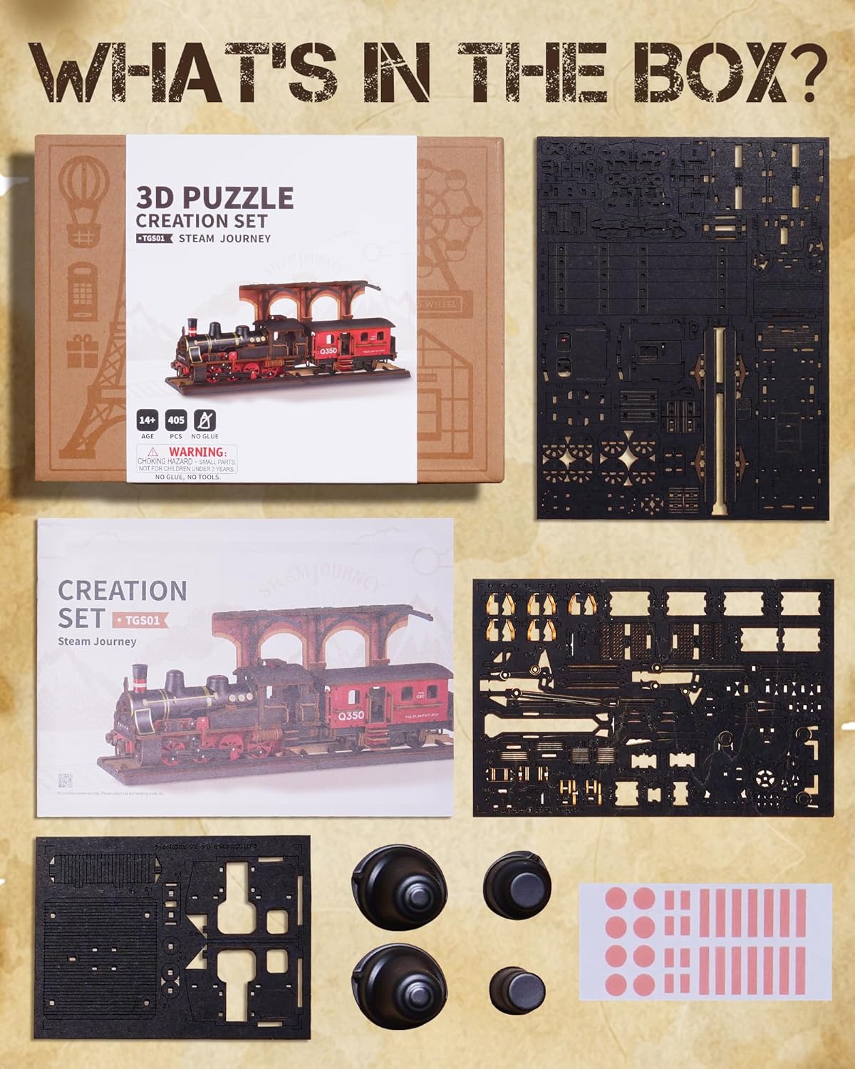 3D Puzzles for Adults Wooden Puzzle DIY Model Steampunk Train Kit to Build Wood Craft Kit Toy Hobby Gift Home Decor (Steam Journey)-uFunSpace