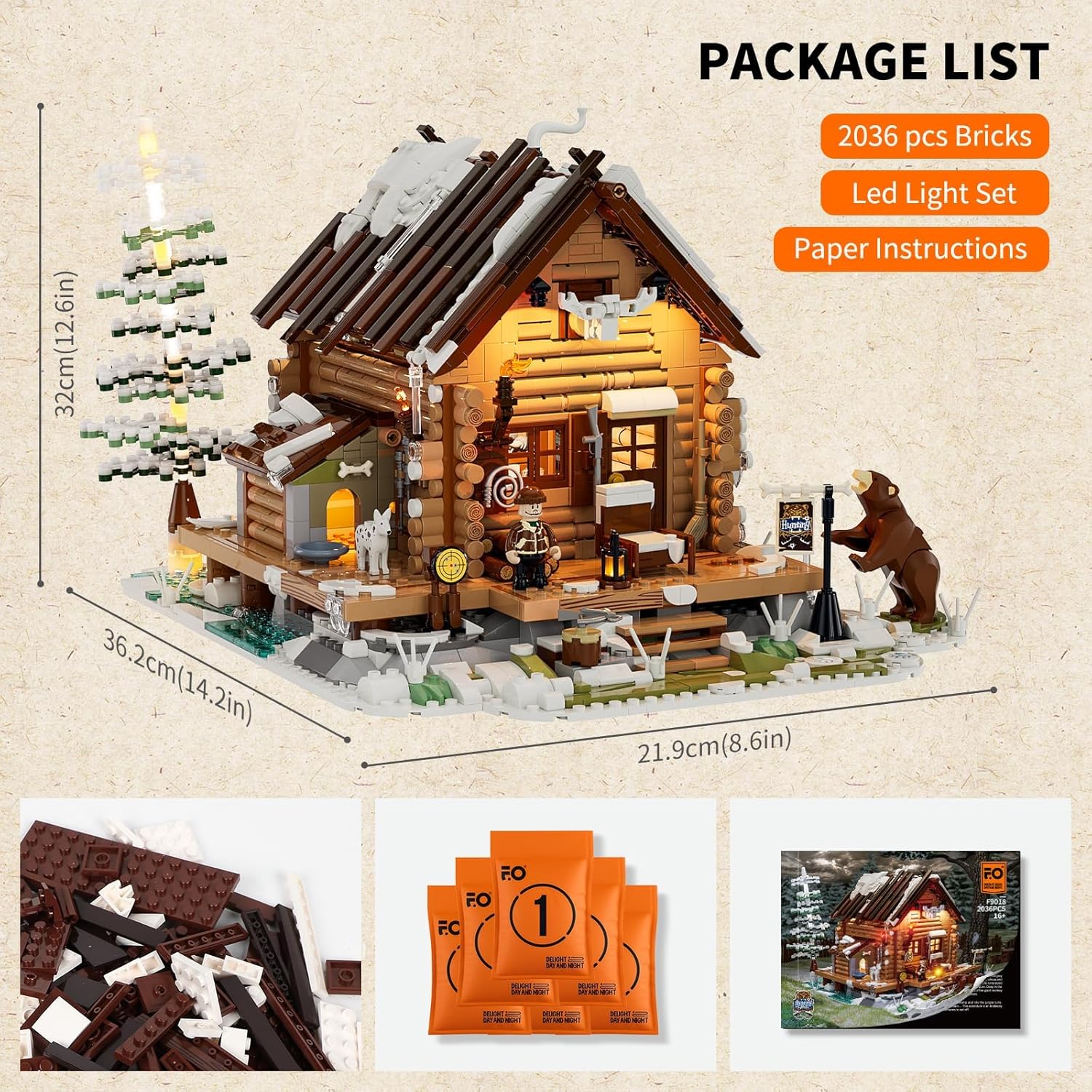 Hunting-Cabin Lighting Building-Bricks Set - Retro Wooden Cabin LED Light Construction Building Model Set 2036 Pcs for Adults and Teen-uFunSpace