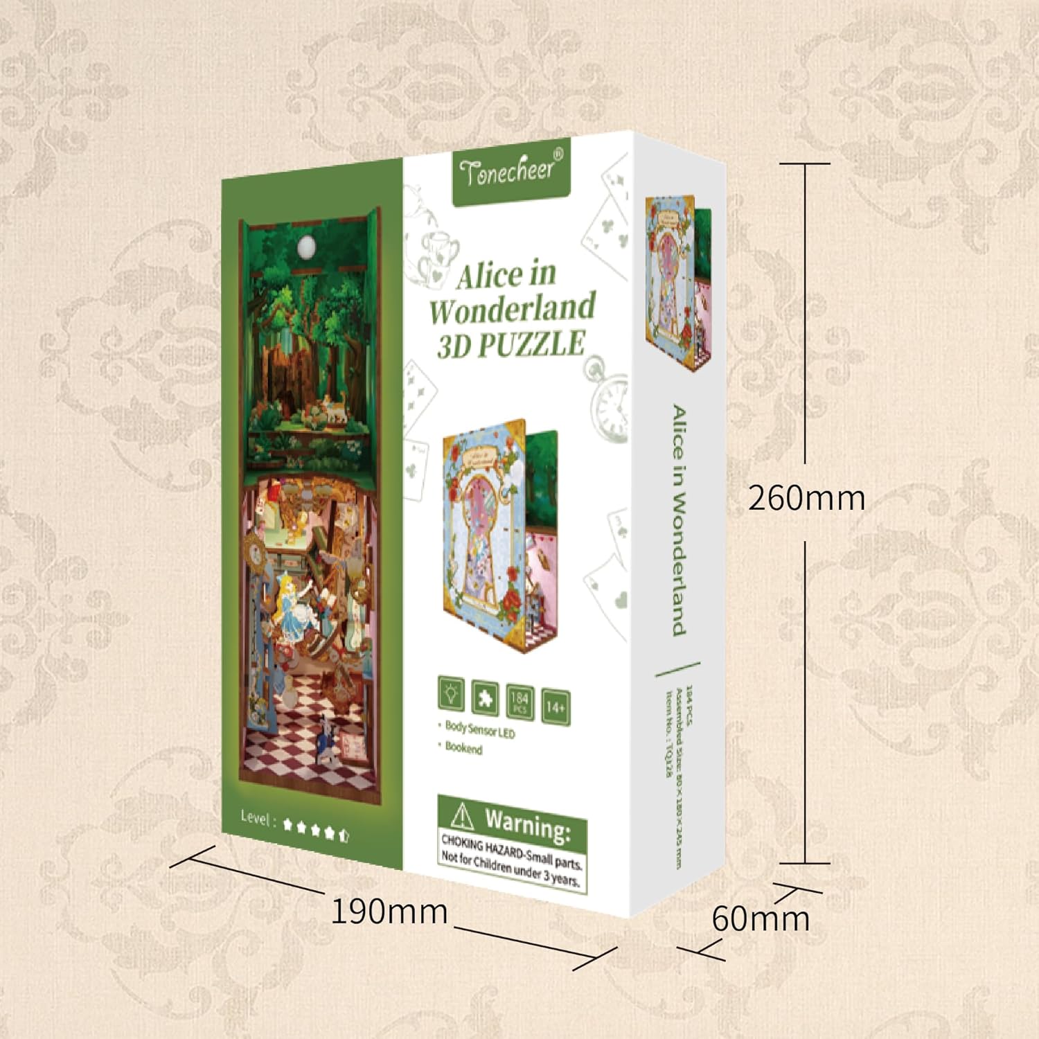 Product packaging box for Tonecheer Alice in Wonderland 3D puzzle kit TQ128.