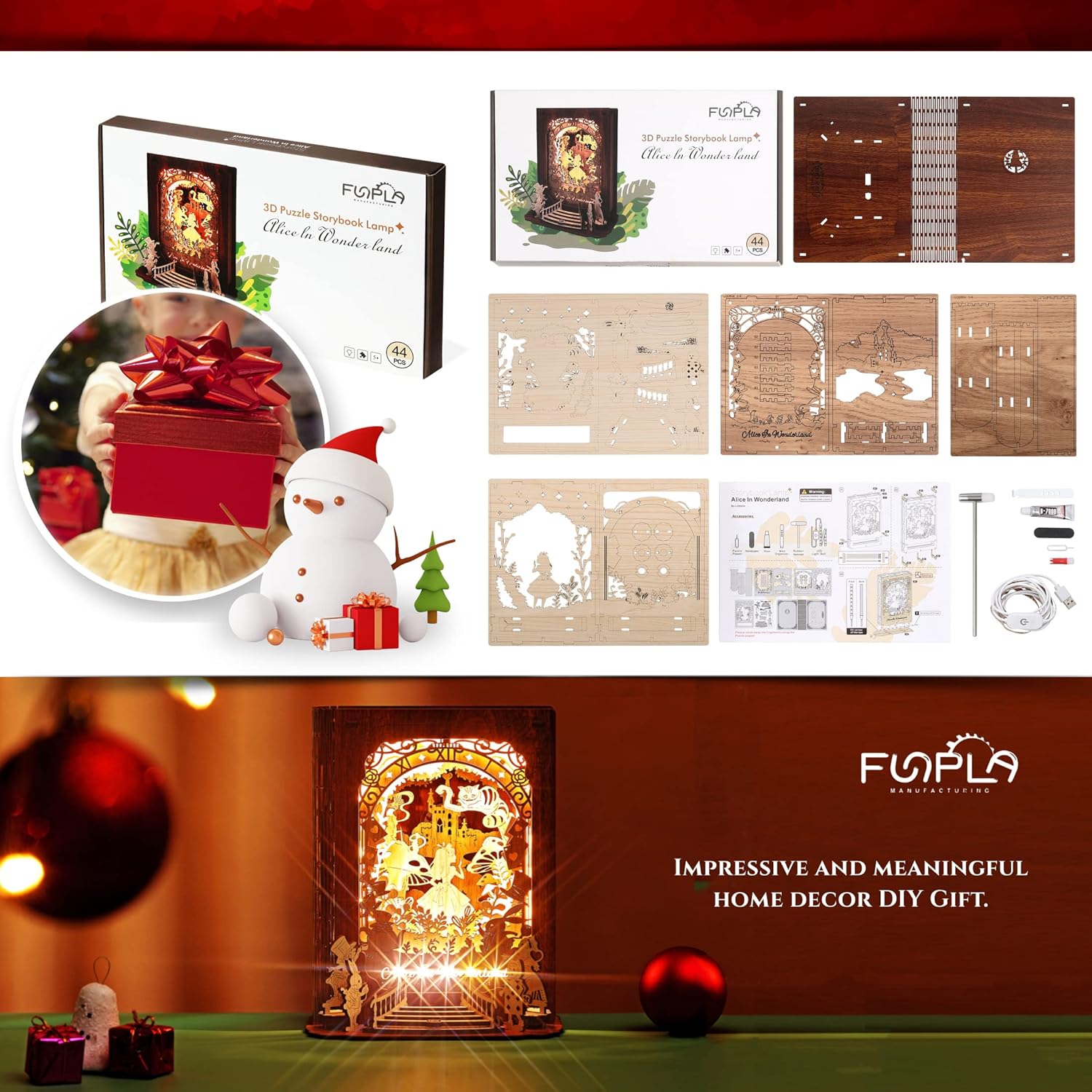 Alice in Wonderland 3D Puzzle Nightlight – DIY 3D LED Book Lamp – 3D Wood Puzzles Décor Lamp for Kids and Adults-uFunSpace