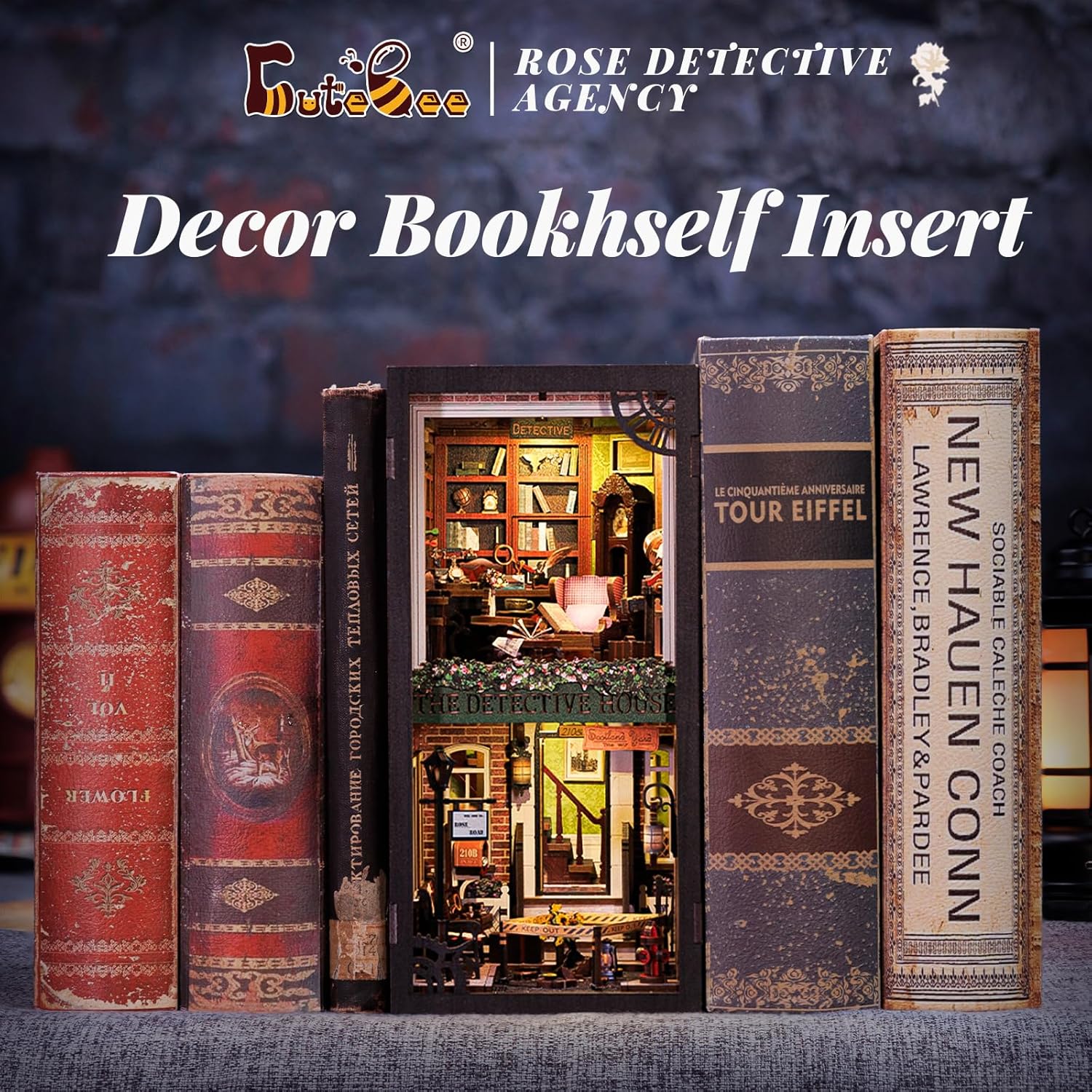 DIY Book Nook Kit DIY Wooden Miniature House Dollhouse Kit Bookshelf Insert Decor Booknook Bookcase Model Build Creativity Gift Kit Decor Alley with LED Light (Rose Detective Agency)-uFunSpace
