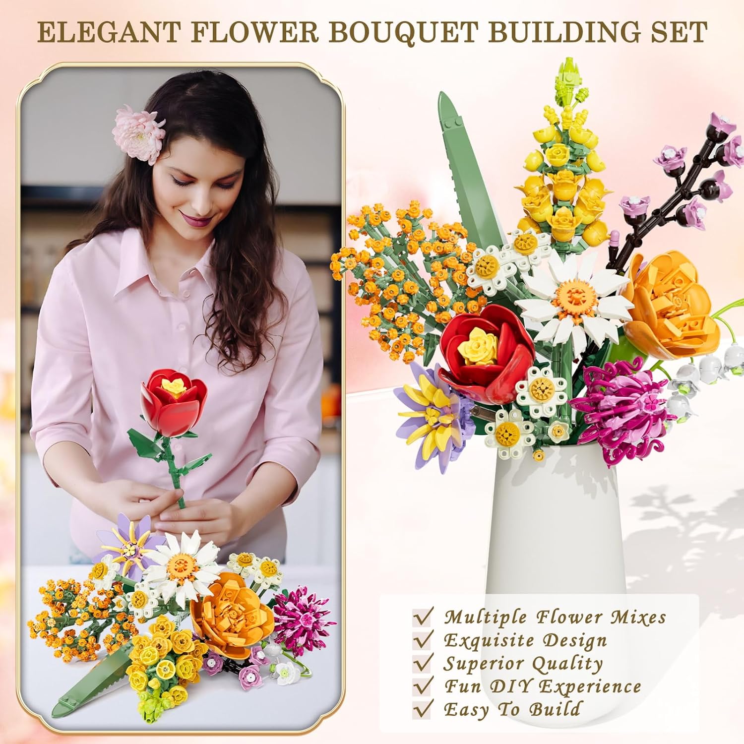 Flowers Bouquet Building Set, 1070PCS Wildflower Botanical Collection, Artificial Plant Flower Kit Toy for Adults Kids Women Her, Home Decor Gift for Birthday, Valentine's Day, Christmas (No Vase)-uFunSpace