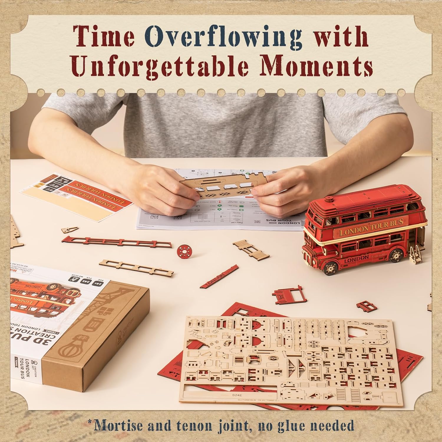 3D Puzzles for Adults Wooden Craft London Tour Bus DIY Model Kit to Build Educational Brain Teaser Toy for Kids Craft Decor Gift-uFunSpace