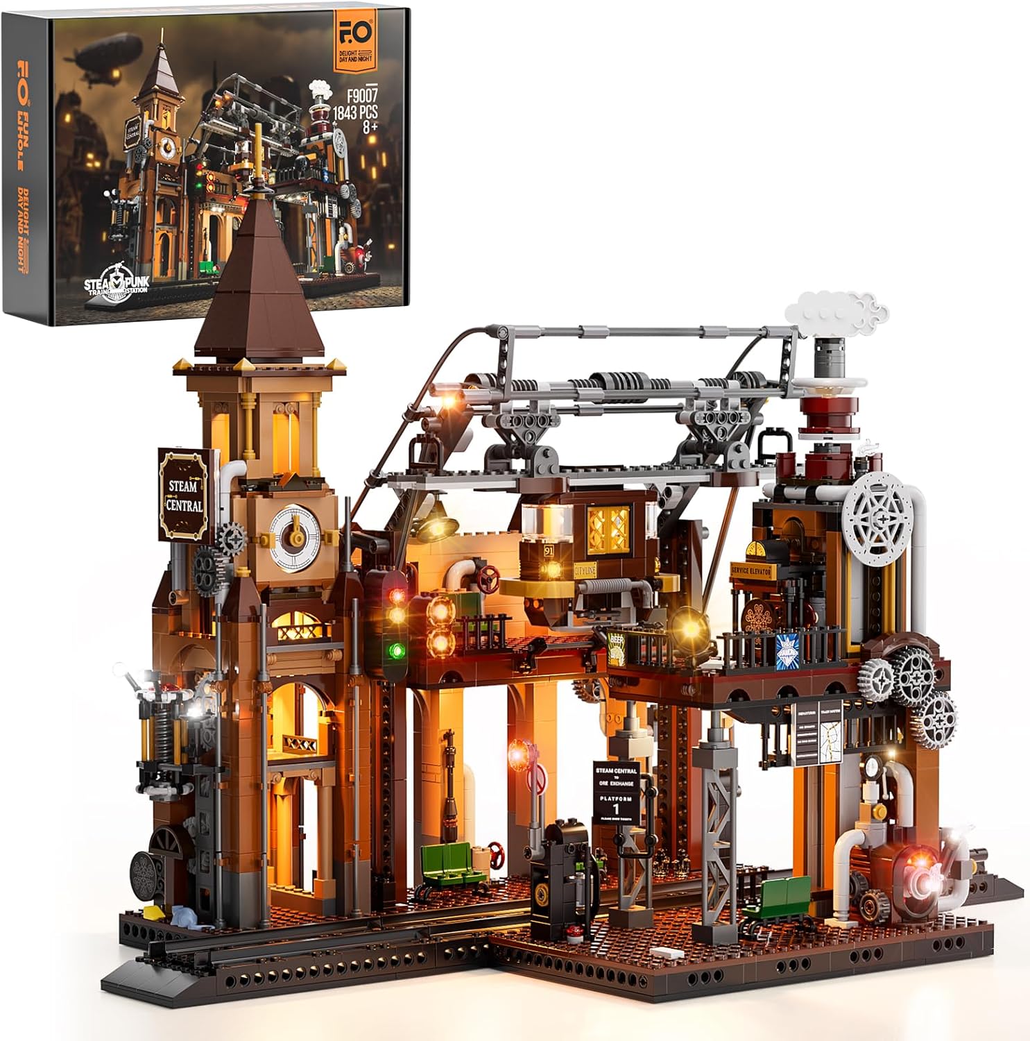 Train-Station Lighting Building Bricks Set - Steampunk LED Light Building Set 1843 Pieces for Adults and Teens-uFunSpace
