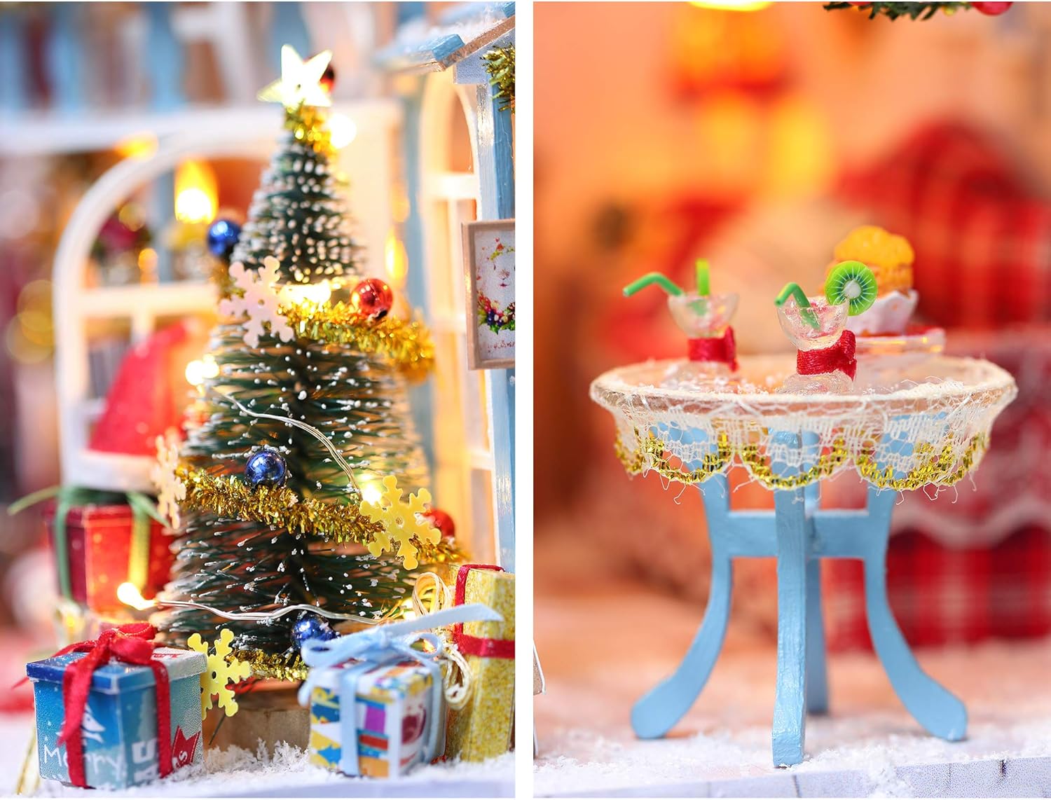Detailed interior of DIY tiny house kit showing festive decorations, Christmas tree, and Santa Claus figures with reflection-uFunSpace