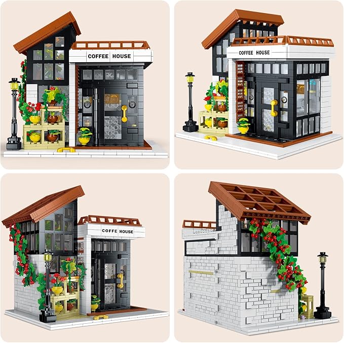 City Cafe Architecture Building Kit,Coffee House Model Building Blocks Toy with LED Light for Teen, Adult(1512 Pieces)-uFunSpace