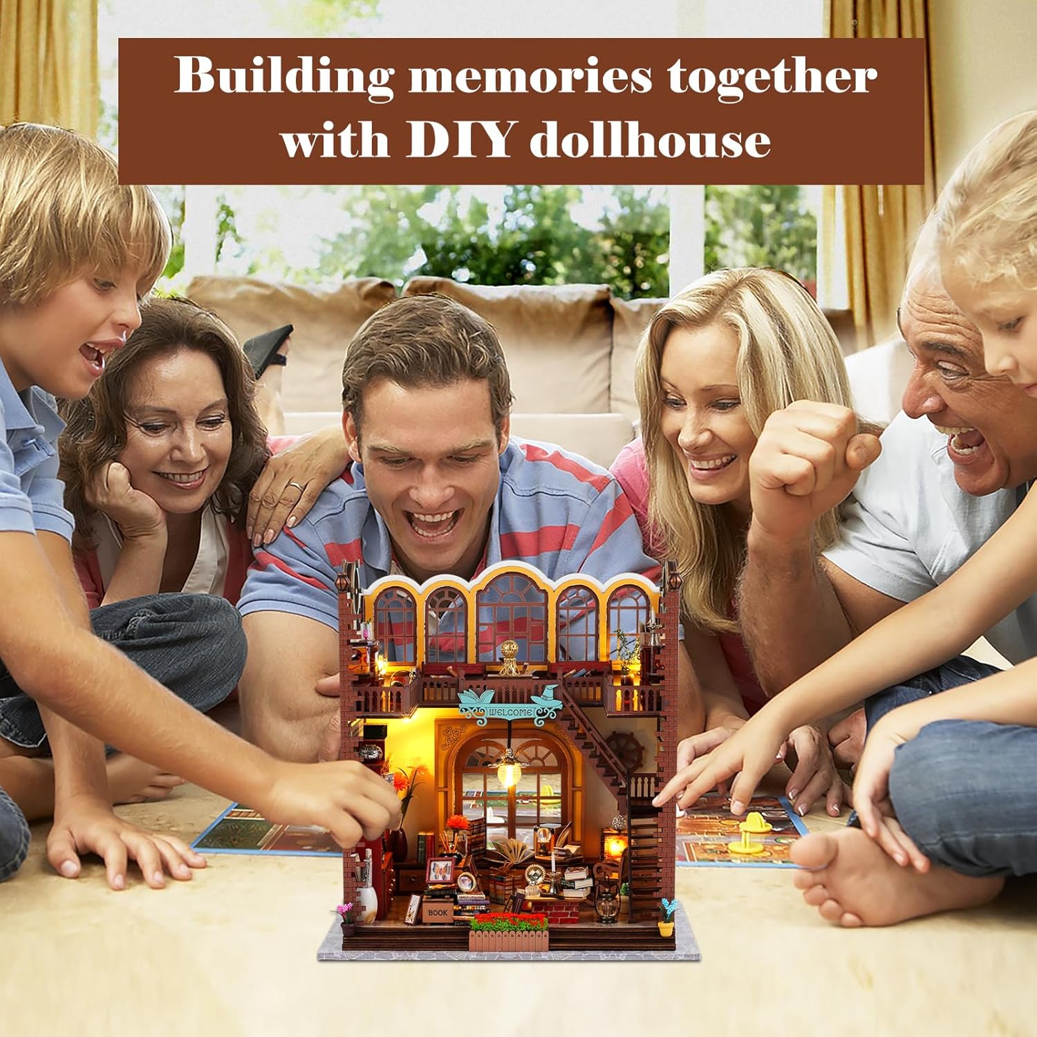 Family assembling the Magic Book Store DIY dollhouse kit together, promoting 'Building memories together' as a bonding activity.-uFunSpace