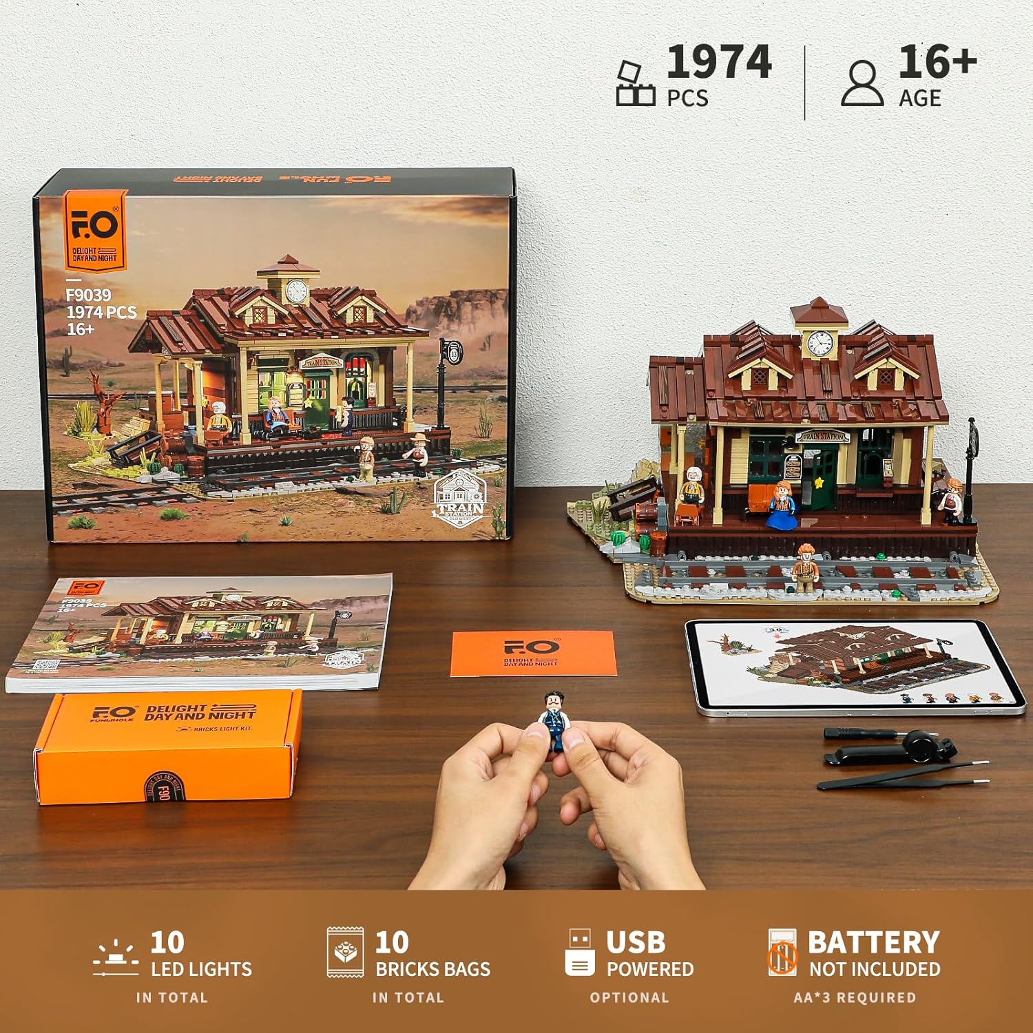 Wild West Train Station Lighting Building-Bricks Set - 1975Pcs Collectible Train Playset for Adults and Teens-uFunSpace