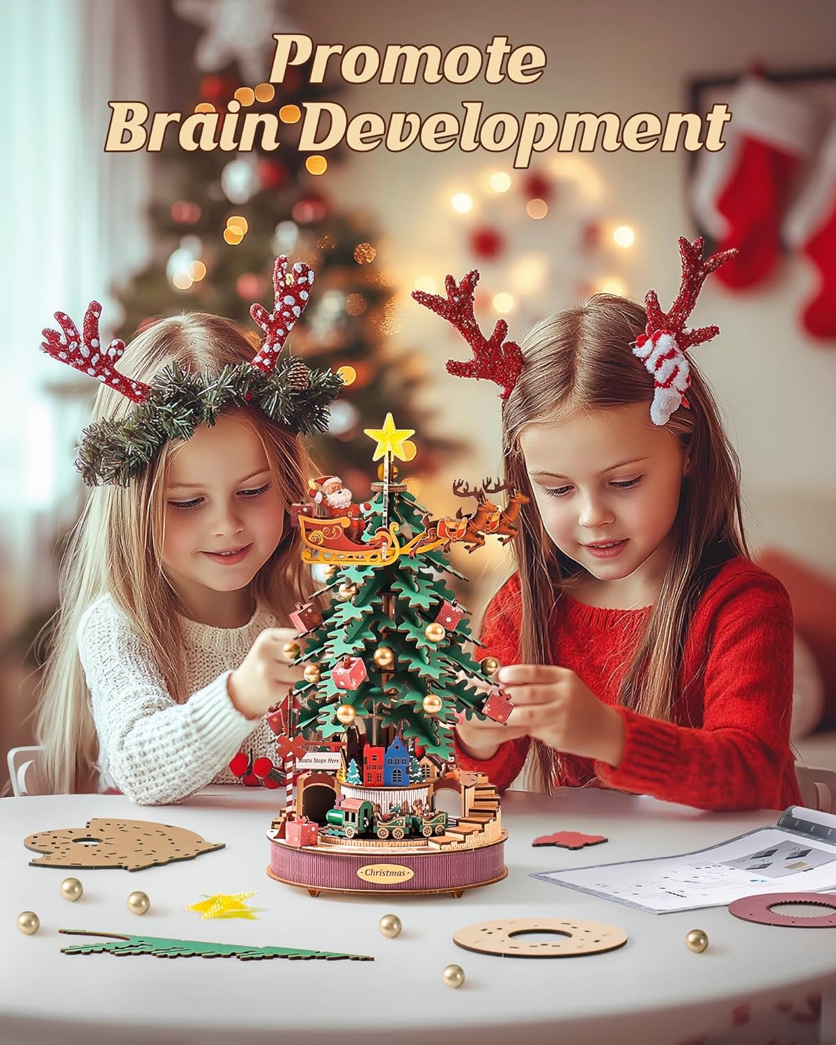 Two young girls assembling the DIY Christmas puzzle, highlighting educational brain development toys and STEM gifts for kids-uFunSpace