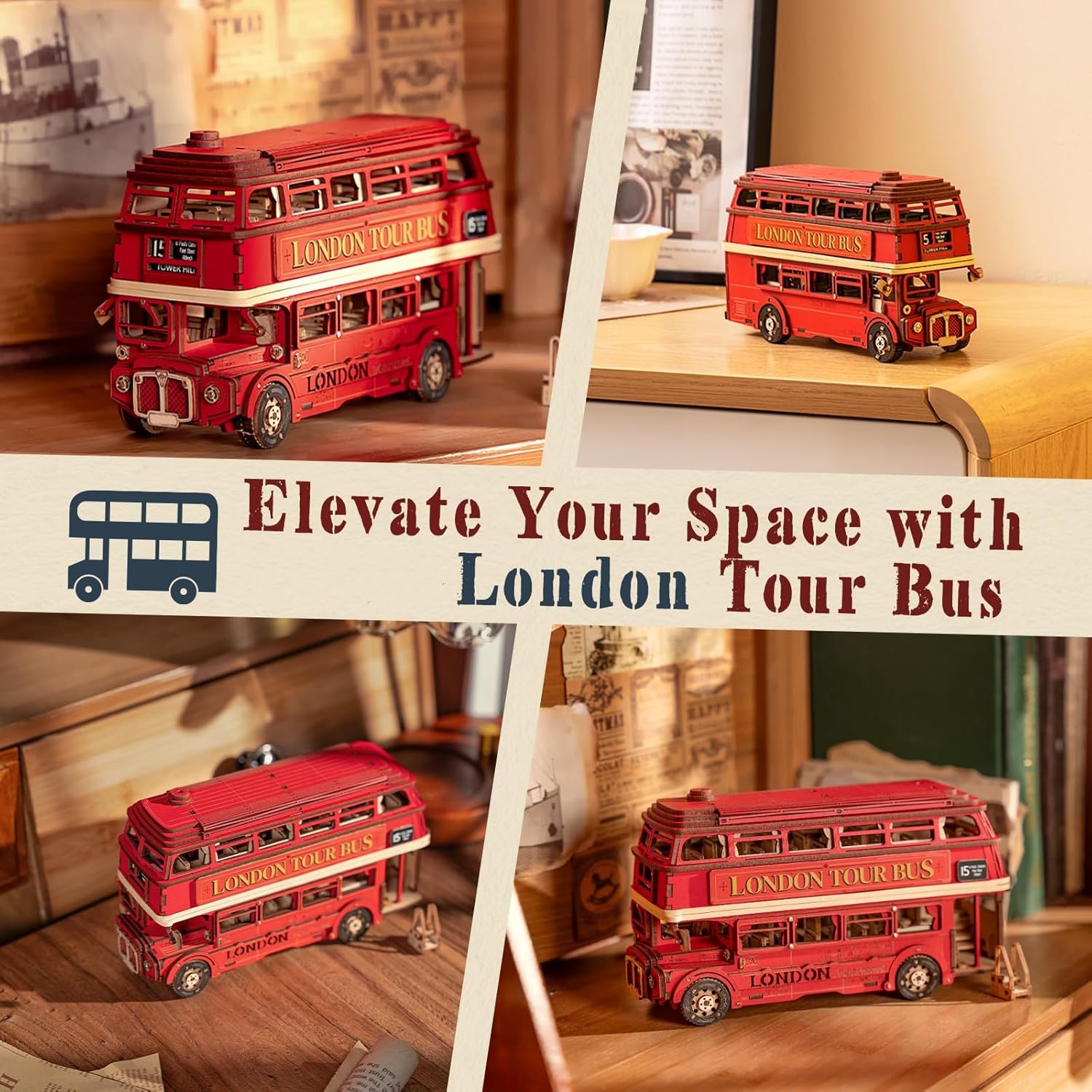 3D Puzzles for Adults Wooden Craft London Tour Bus DIY Model Kit to Build Educational Brain Teaser Toy for Kids Craft Decor Gift-uFunSpace