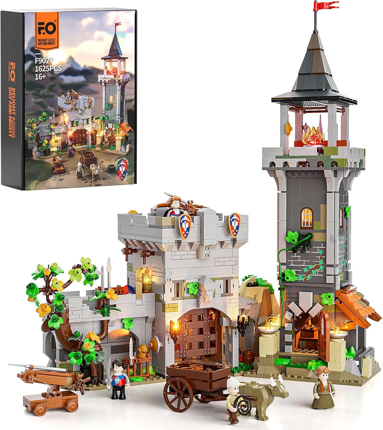 Medieval Watchtower Lighting Building-Bricks Set - Guardiance Castle with Soldier Farmer Minifigures Collectible Display Set 1625 Pcs for Adults and Teen-uFunSpace