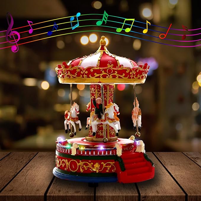 Christmas Carousel Figurines Decoration Christmas Village House Musical Carousel with 6 Moving Horses Go Round, 8 Pieces of Music Snow Globe, Music Box for Girl and Boy Kids-uFunSpace