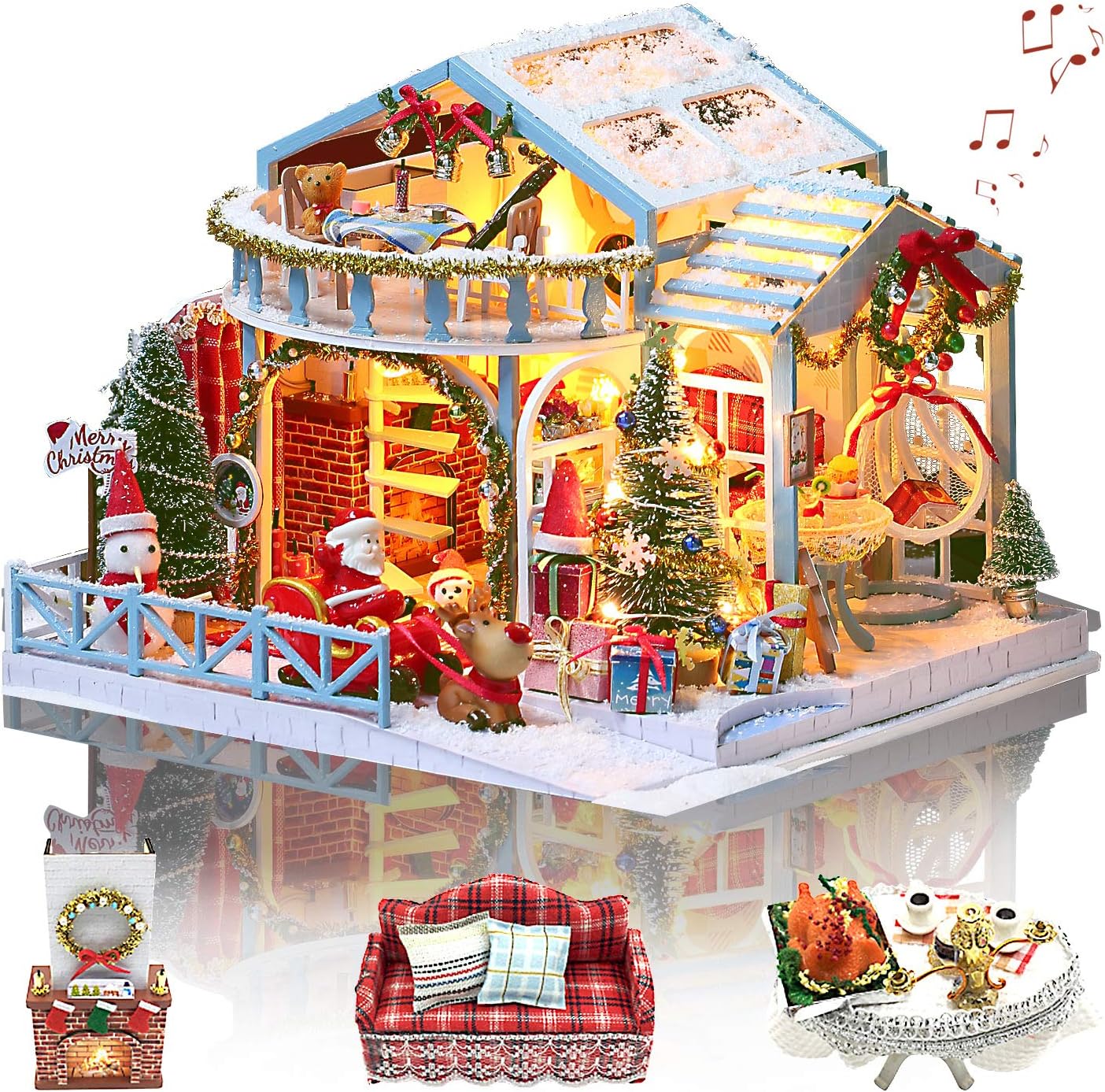 DIY miniature Christmas dollhouse kit fully assembled with snow-covered roof, LED lights, and Santa sleigh figure-uFunSpace