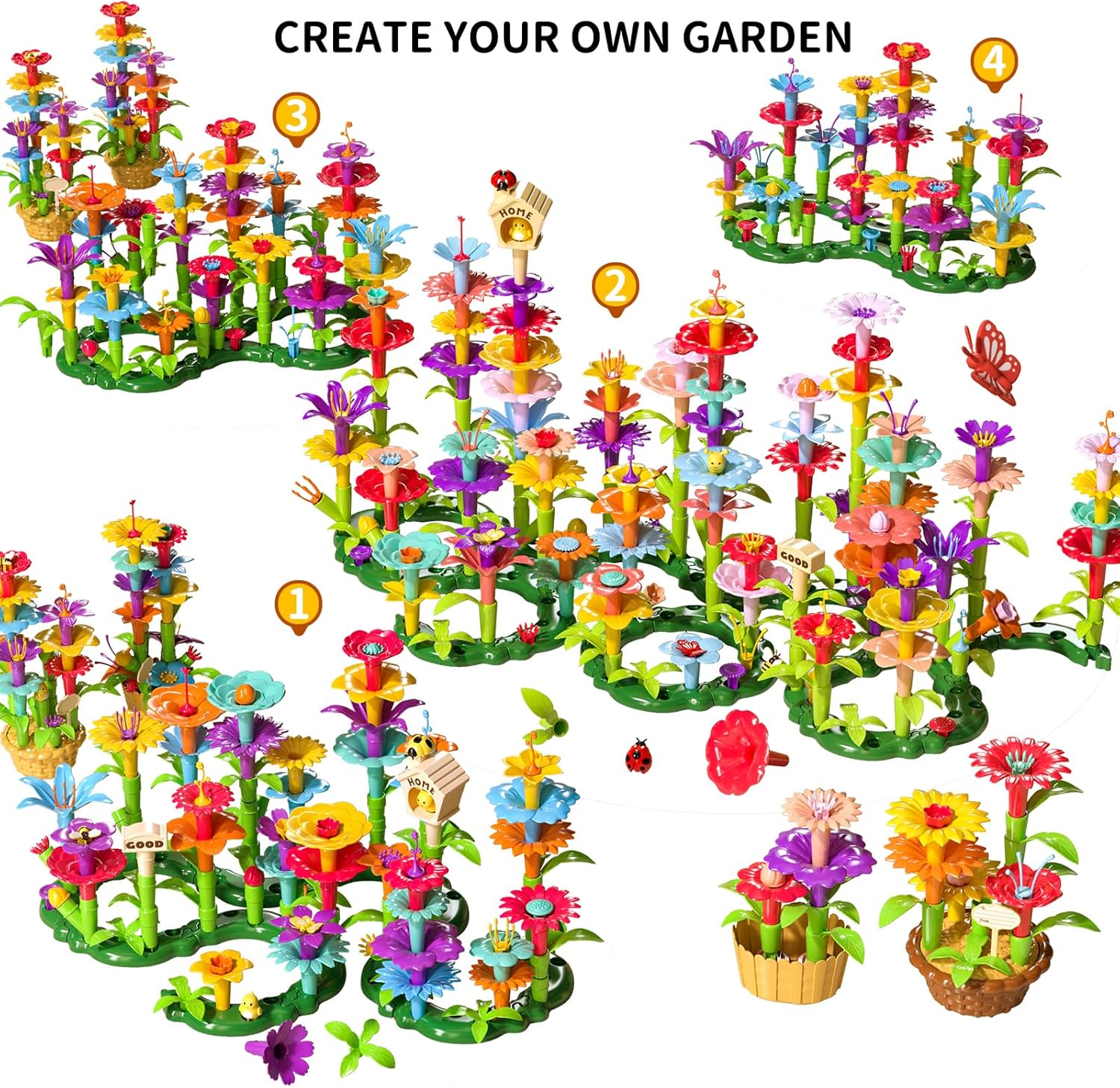 224 Pieces Girls Toys Garden Building Toys, Educational STEM Toys and Preschool Garden Playset for Toddlers 3 4 5 6 7 Years Old Children Boys Girls, Flower Stacking Toys for 3-6 Years Old-uFunSpace
