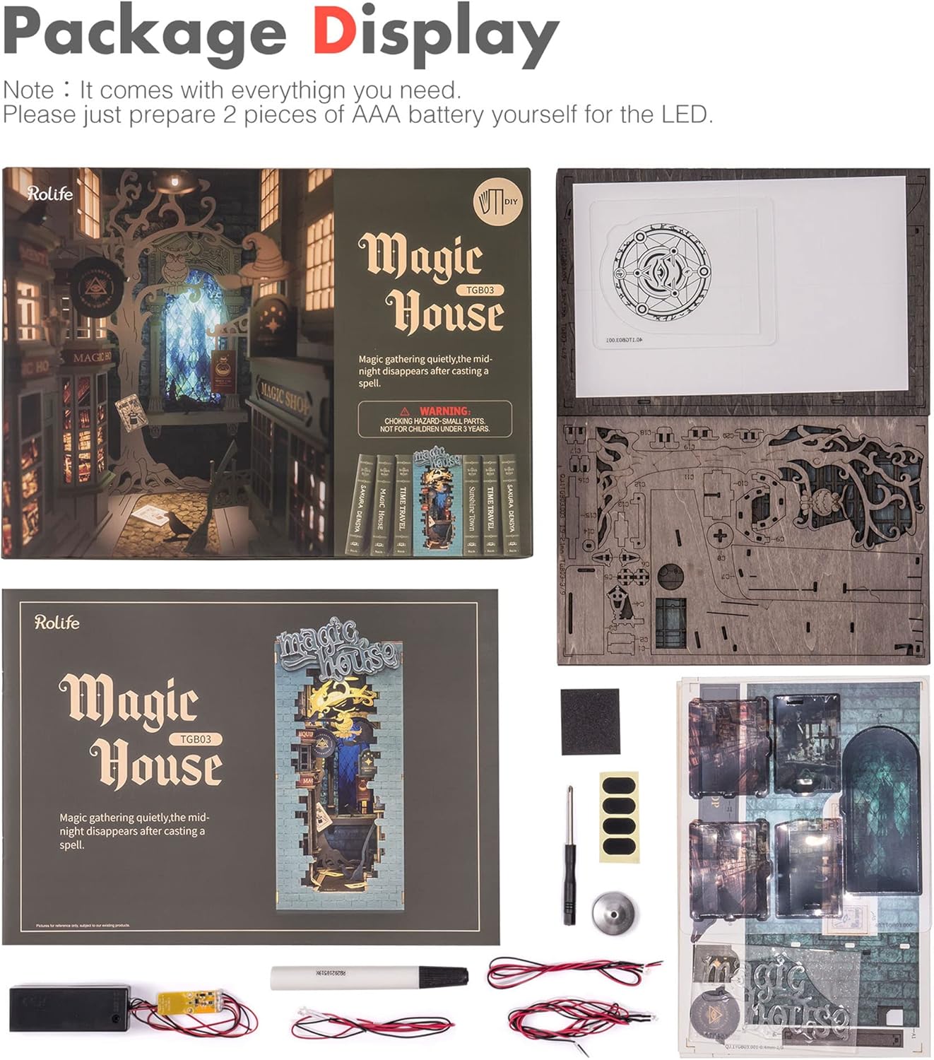 Rolife Magic House kit contents including wooden puzzle sheets, LED lights, and instructions.-uFunSpace