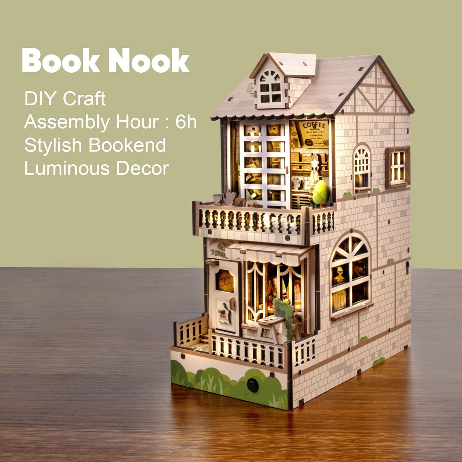 Rolife Coffee Shop DIY Book Nook kit box and finished model, showing 195 puzzle pieces and dimensions.-uFunSpace