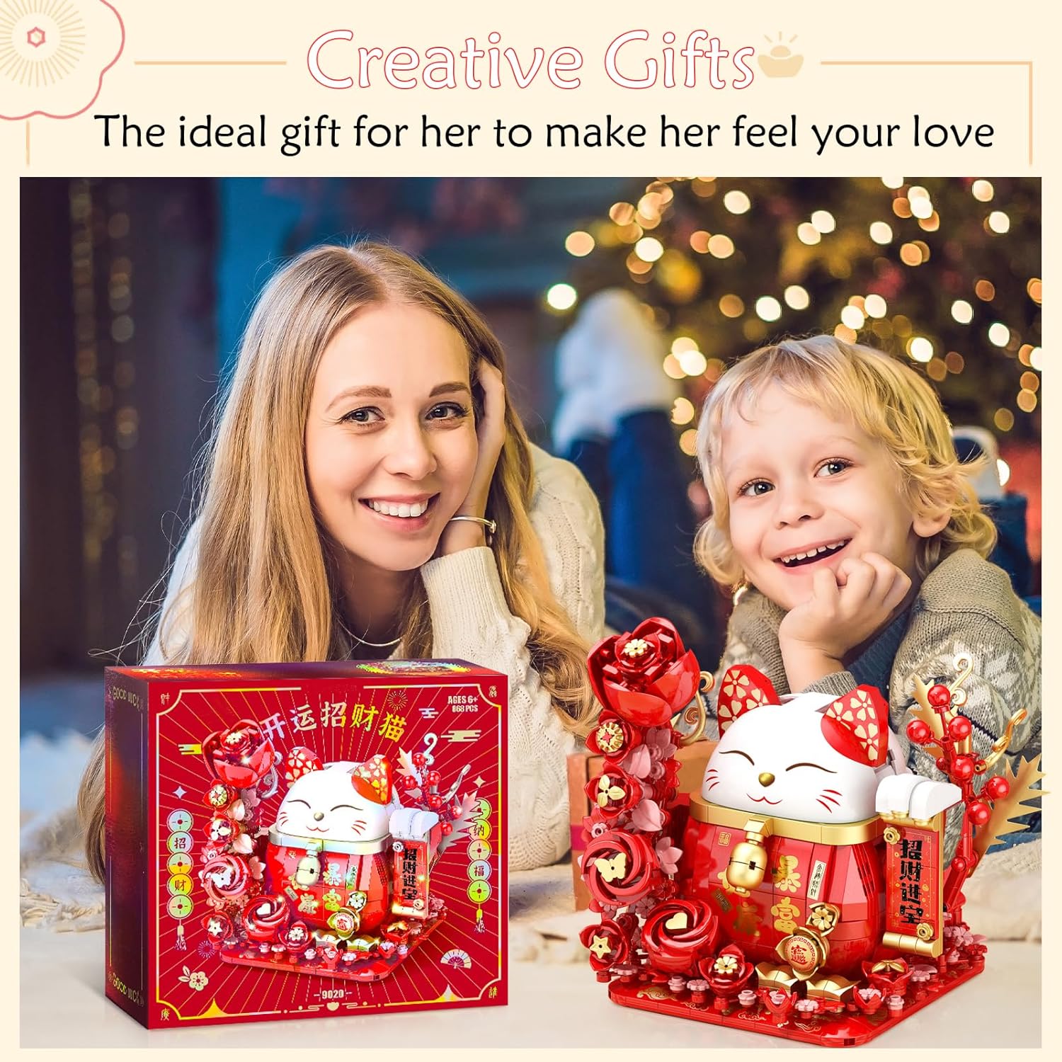 Lucky Cat Building Blocks, Compatible with Lego Animals, 868Pcs Cute Fortune Red Cat with Red Flowers Toy Animals Fortune Cat Building Block, Creative Gift for Christmas, Birthday-uFunSpace