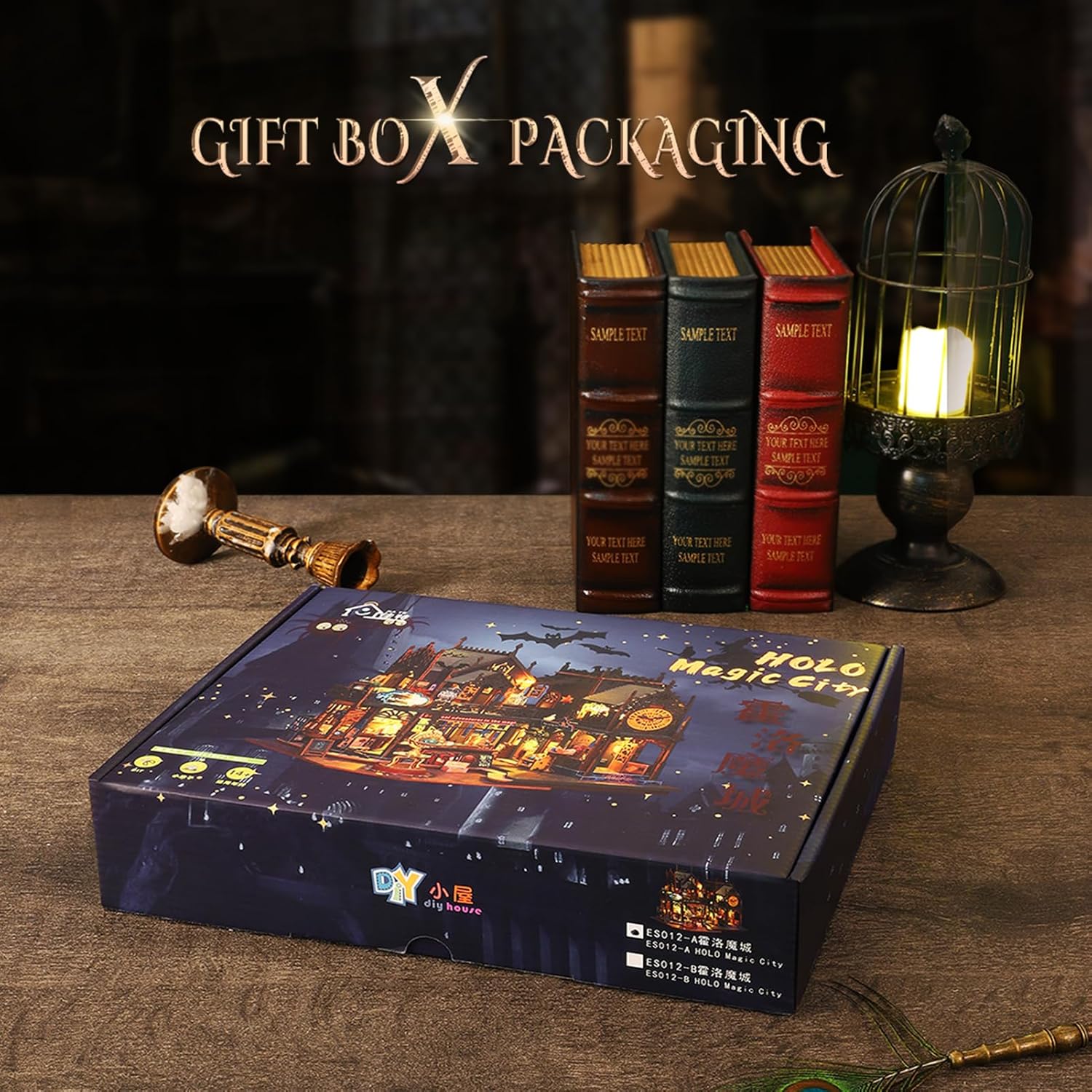 Miniature House Kit DIY Mini House Building Kit with LED Light, DIY Mini Dollhouse with Furniture Book Nook Kit, 3D Wooden Puzzle Wooden Bookend Shelf Insert Decro (Holo Magic City)-uFunSpace