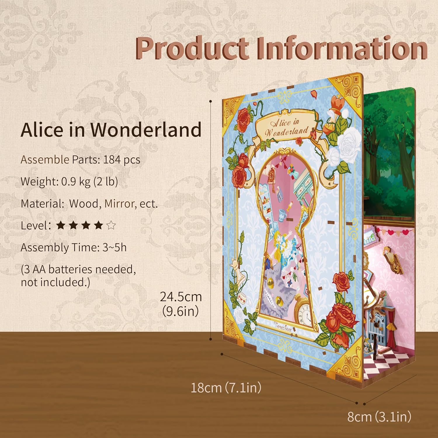 Dimensions and specifications of Tonecheer Alice book nook: 184 pieces, 9.6 inches high, 3-5 hours assembly time.