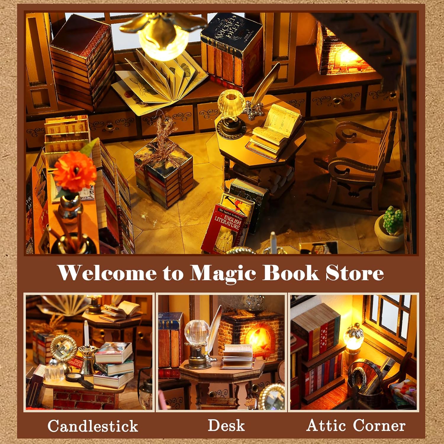 Interior details of the Magic Book Store: glowing crystal ball on desk, cozy fireplace with LED light, and attic corner with books-uFunSpace