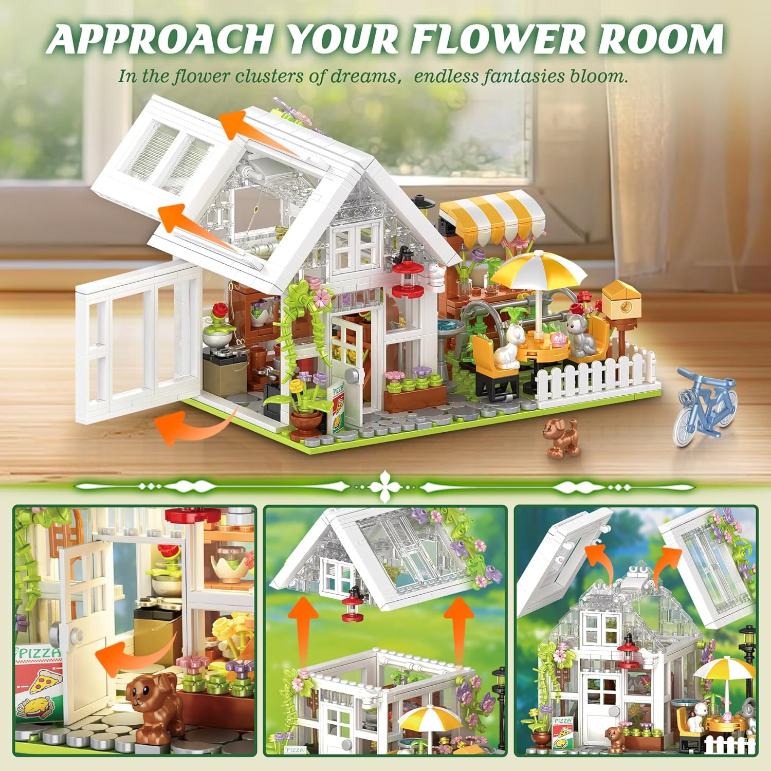 Flower House Building Block for Adults, Garden Architecture Building Toy with LED, Greenhouse Model Building Set, Garden Glass House Building Kit, Christmas & Ideal Gift for Kids 12+ (1188pcs)-uFunSpace