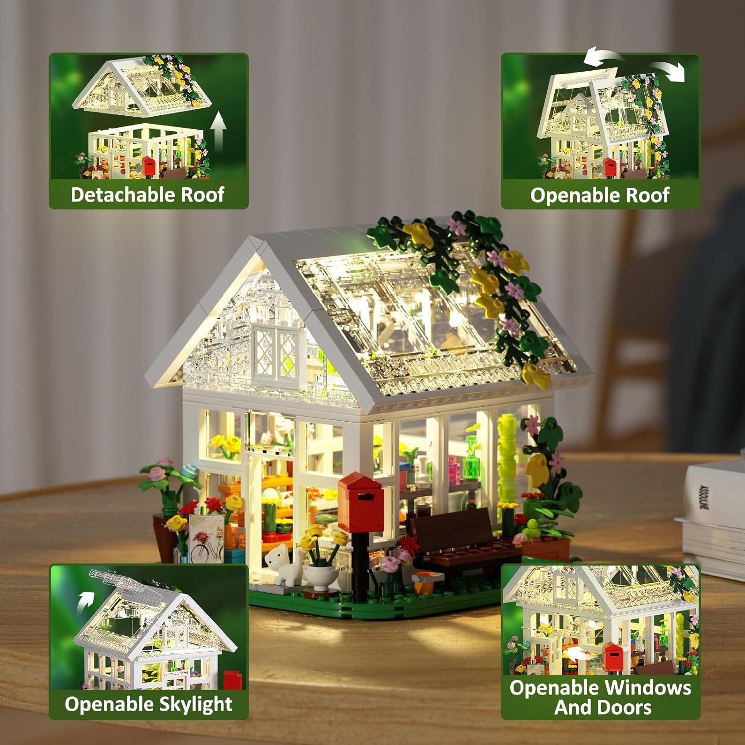 Building Set, Garden House Building Toy with LED Light, Creative Building Playset, Build a Greenhouse Model, Great Gift for Friends or Girls (597 Pieces)-uFunSpace