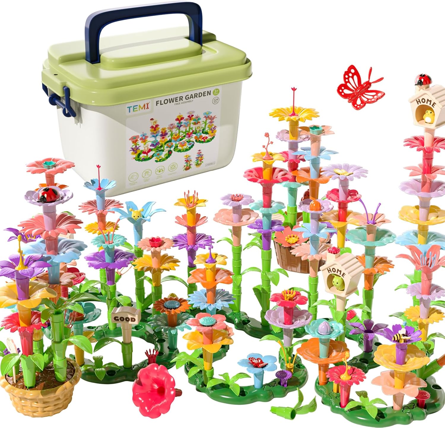 224 Pieces Girls Toys Garden Building Toys, Educational STEM Toys and Preschool Garden Playset for Toddlers 3 4 5 6 7 Years Old Children Boys Girls, Flower Stacking Toys for 3-6 Years Old-uFunSpace